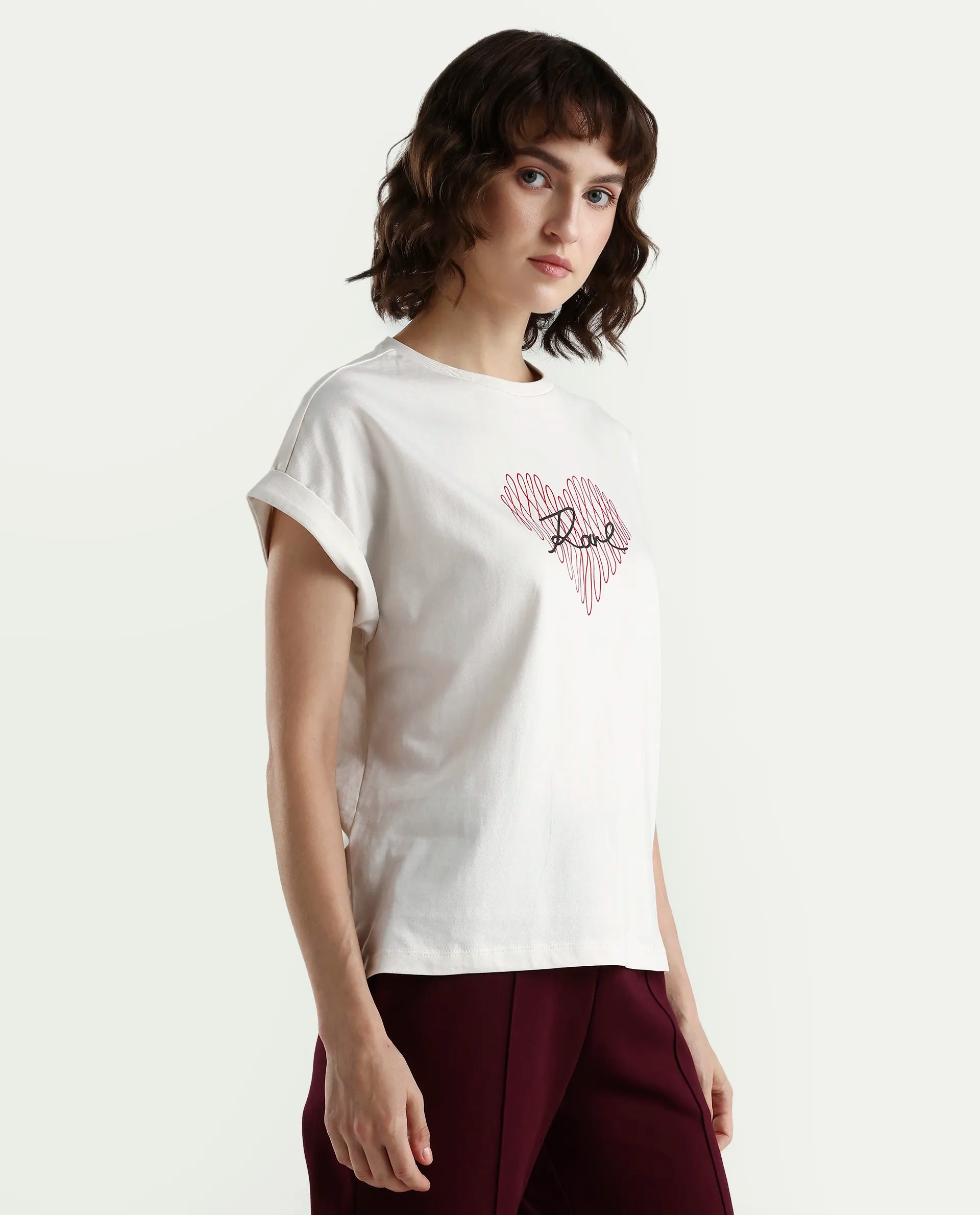 Rareism Women's Zeen Off White Cotton Half Sleeve Relaxed Fit Object Print T-Shirt