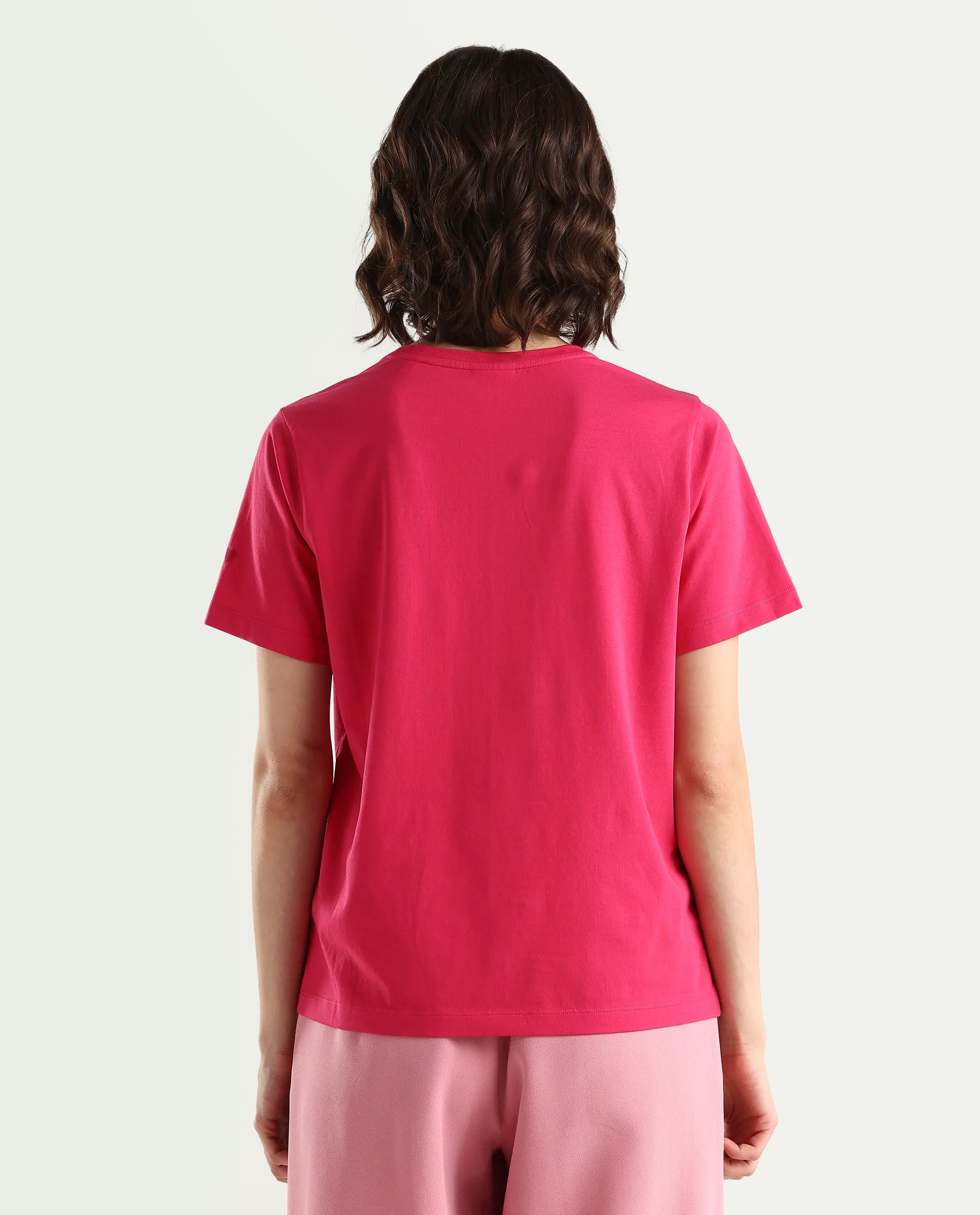 Rareism Women's Zin Dark Pink Cotton Blend Half Sleeve Relaxed Fit Plain T-Shirt