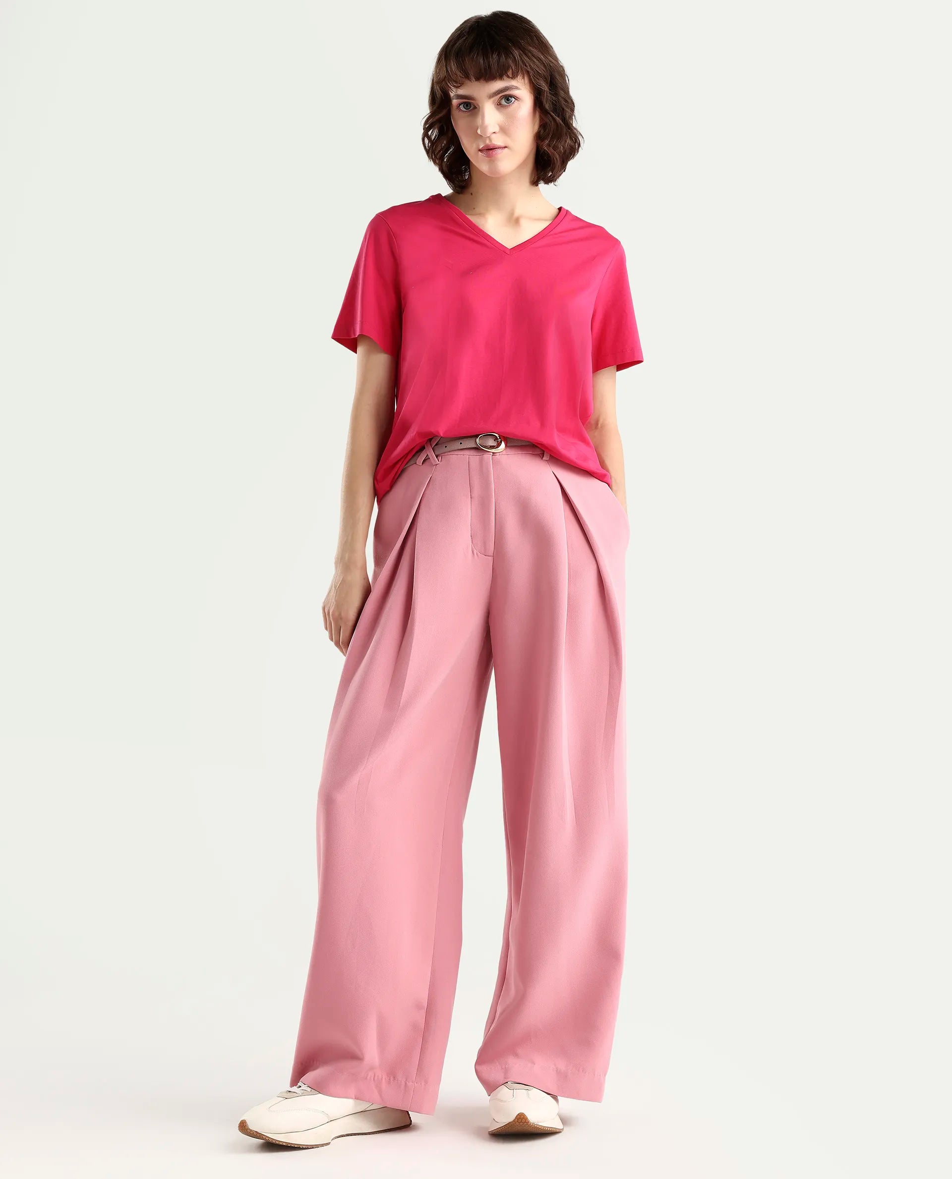 Rareism Women's Zin Dark Pink Cotton Blend Half Sleeve Relaxed Fit Plain T-Shirt