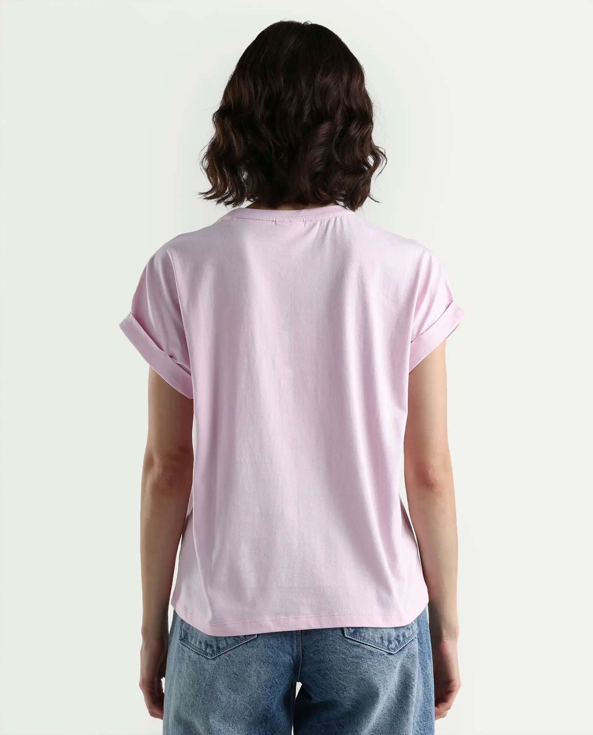 Rareism Women's Bhars Light Pink Cotton Half Sleeve Regular Fit Printed T-Shirt