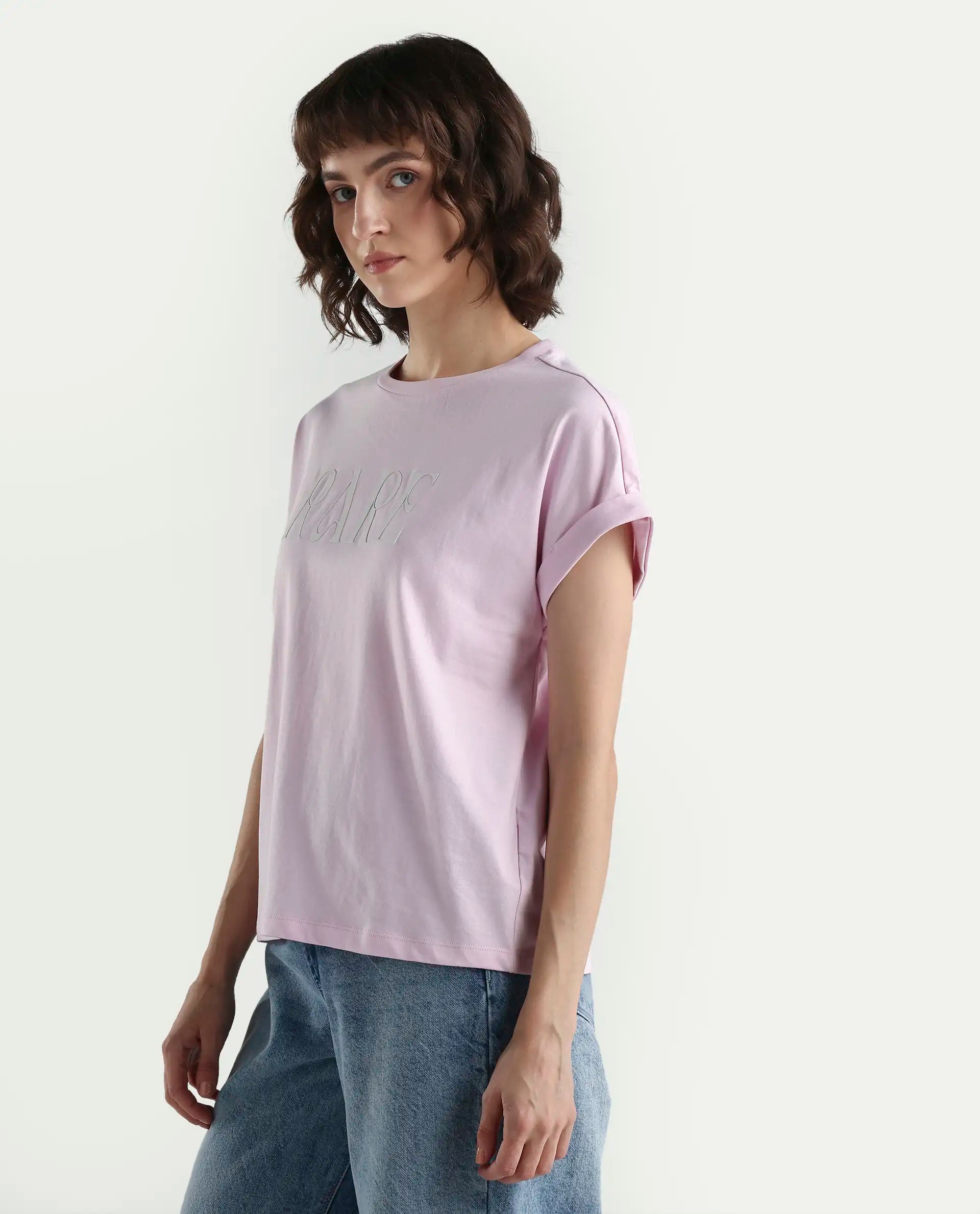 Rareism Women's Bhars Light Pink Cotton Half Sleeve Regular Fit Printed T-Shirt