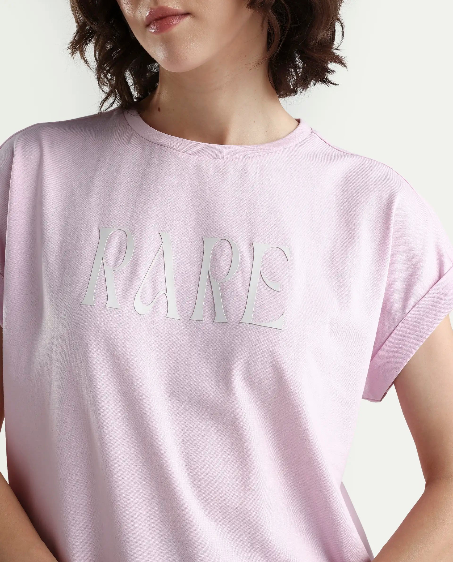 Rareism Women's Bhars Light Pink Cotton Half Sleeve Regular Fit Printed T-Shirt