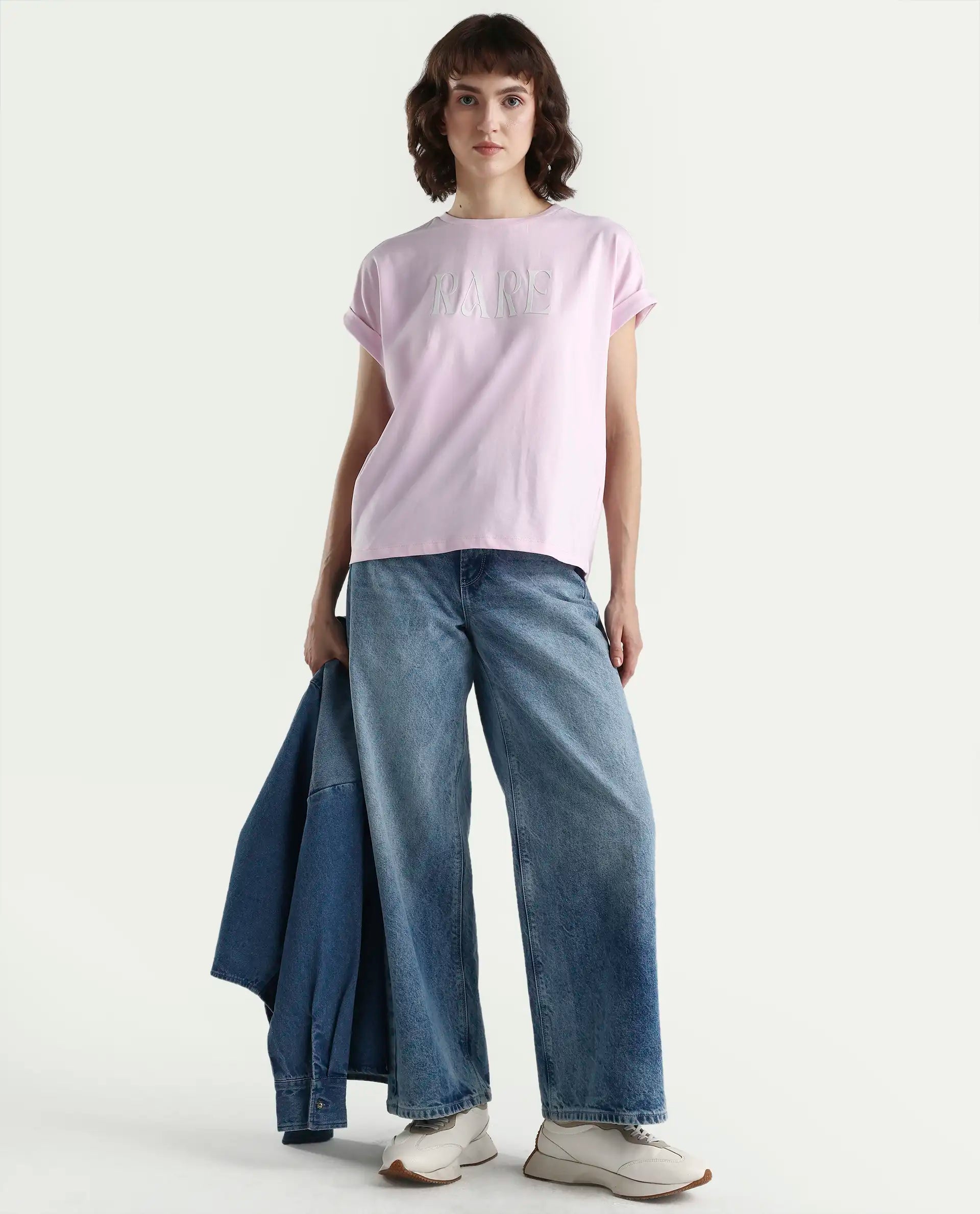 Rareism Women's Bhars Light Pink Cotton Half Sleeve Regular Fit Printed T-Shirt