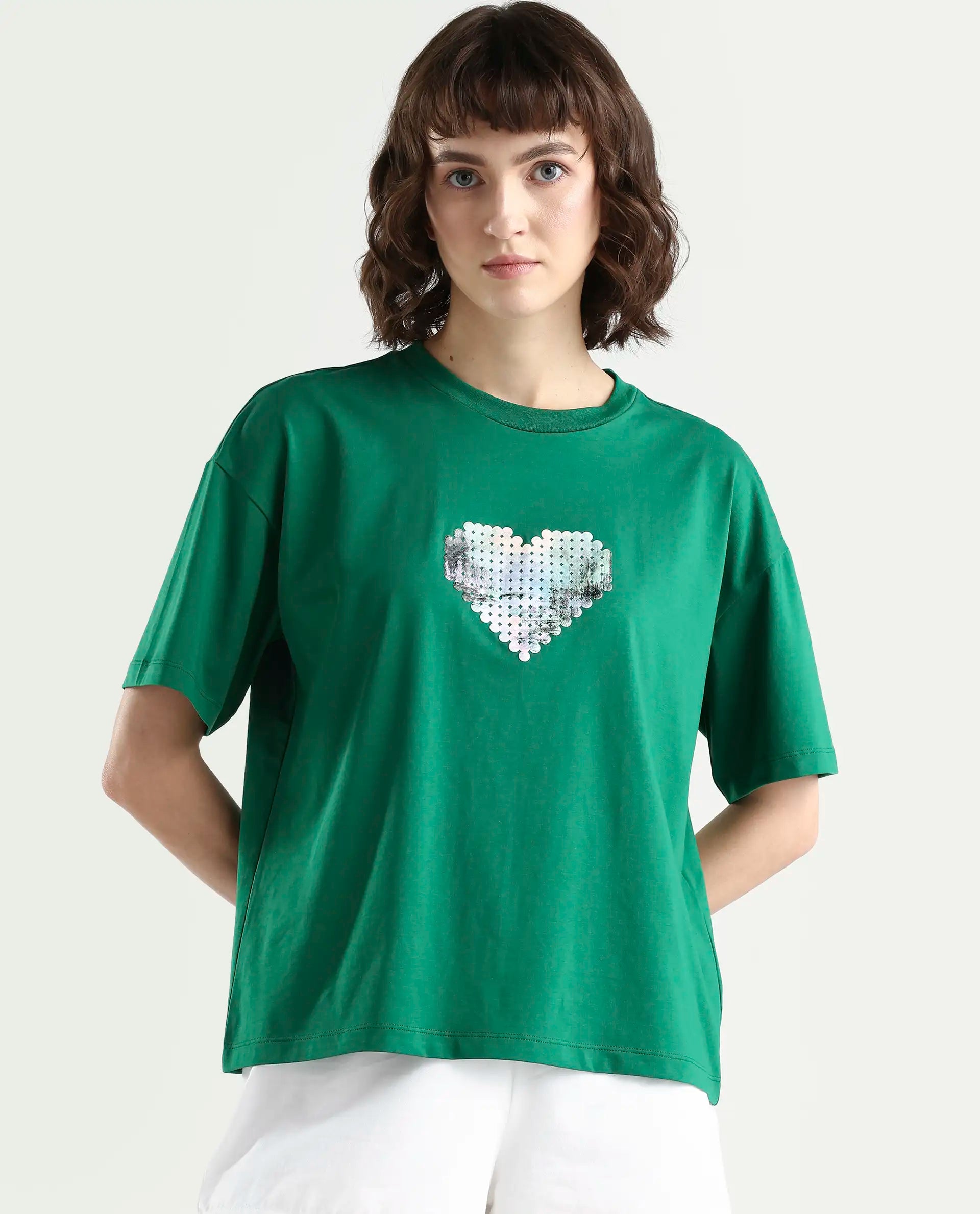 Rareism Women's Zule Dark Green Cotton Blend Half Sleeve Boxy Hd Print T-Shirt Oversize