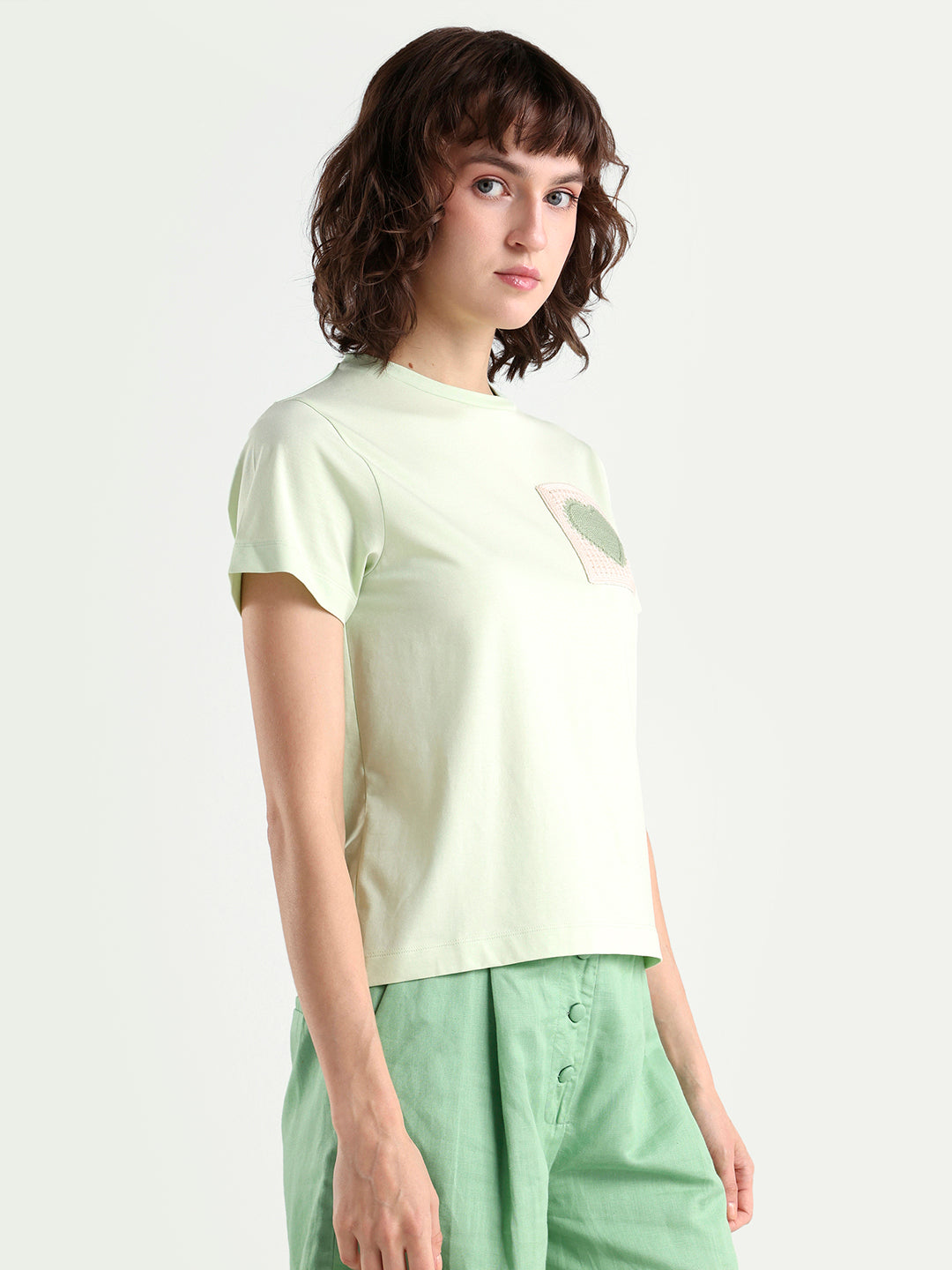 Rareism Women's Zed Light Green Cotton Blend Half Sleeve Regular Fit Plain T-Shirt