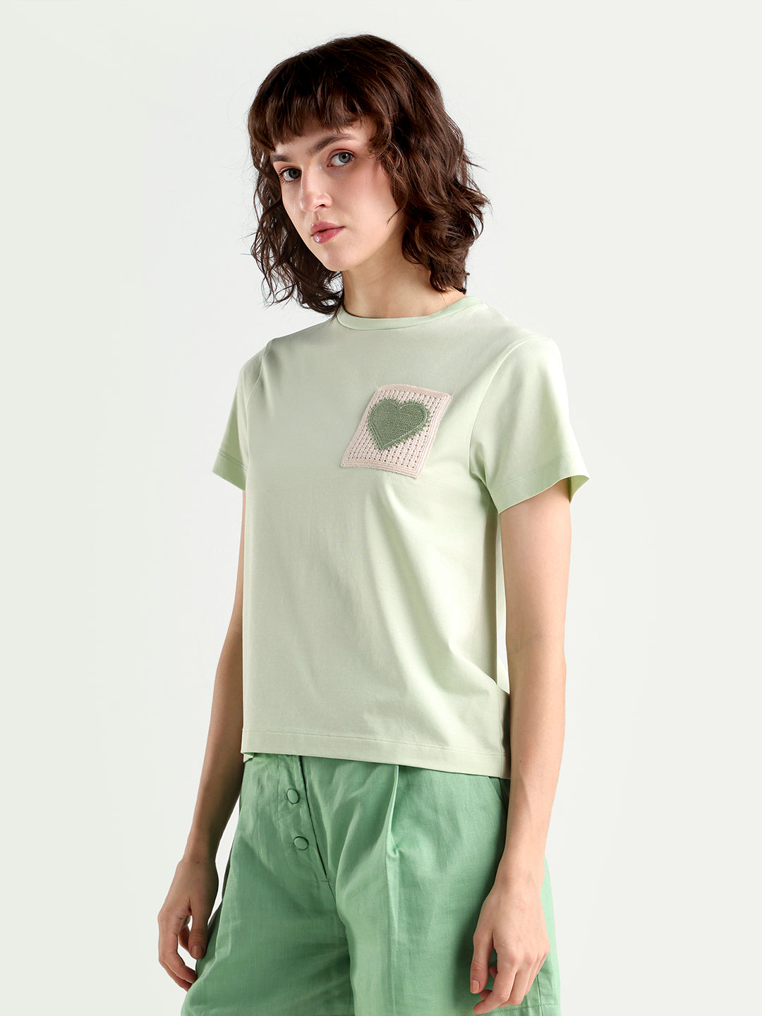 Rareism Women's Zed Light Green Cotton Blend Half Sleeve Regular Fit Plain T-Shirt