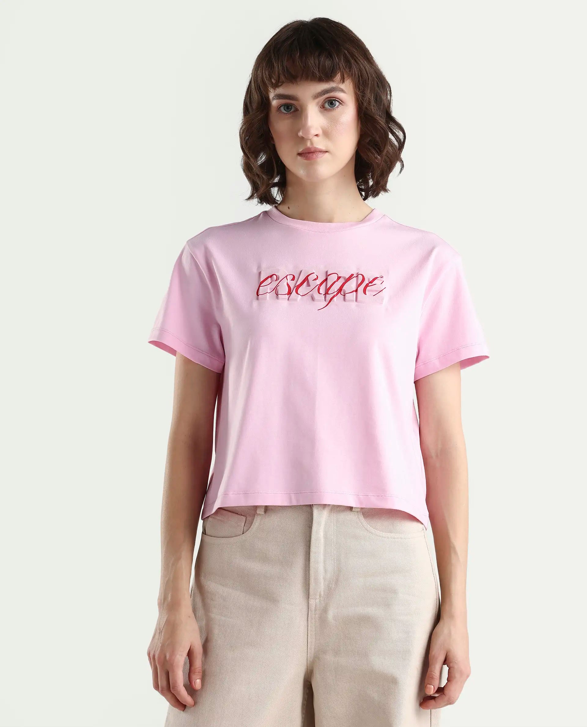 Rareism Women's Zinc Pink Cotton Blend Half Sleeve Relaxed Fit Printed T-Shirt