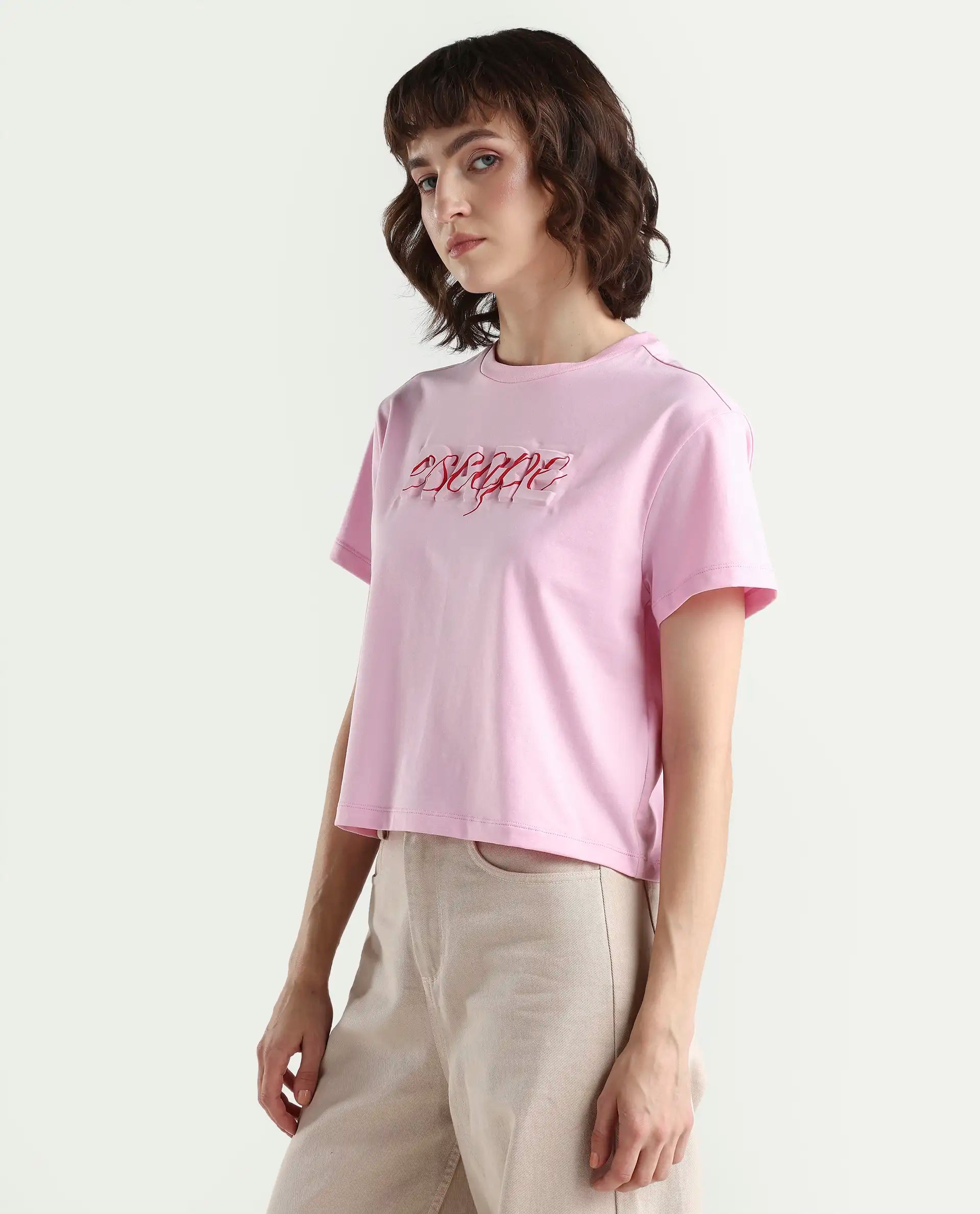 Rareism Women's Zinc Pink Cotton Blend Half Sleeve Relaxed Fit Printed T-Shirt