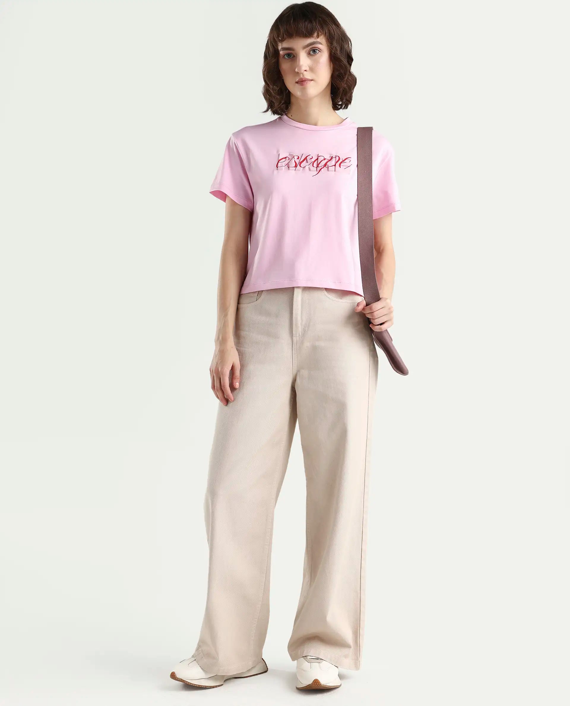 Rareism Women's Zinc Pink Cotton Blend Half Sleeve Relaxed Fit Printed T-Shirt