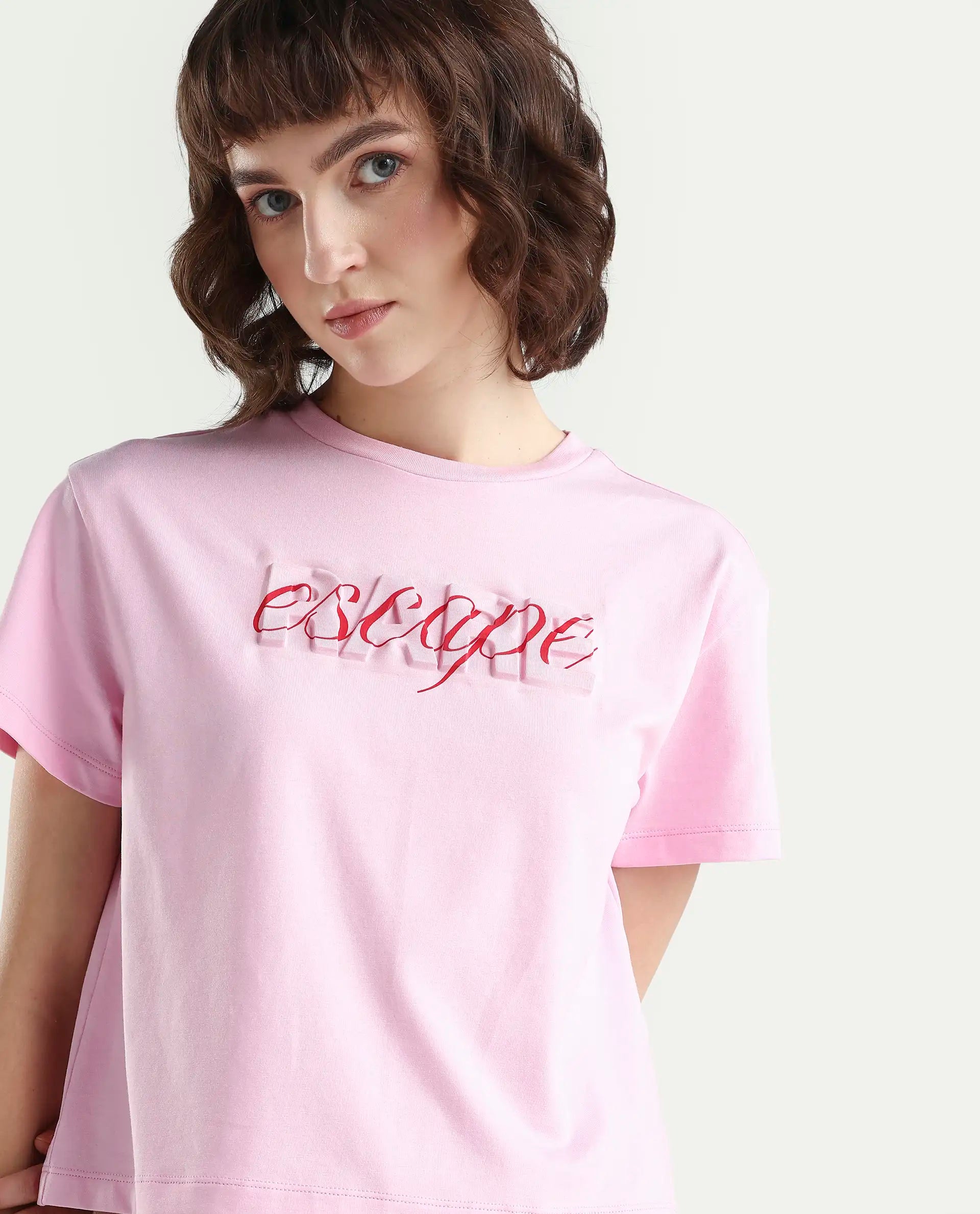 Rareism Women's Zinc Pink Cotton Blend Half Sleeve Relaxed Fit Printed T-Shirt