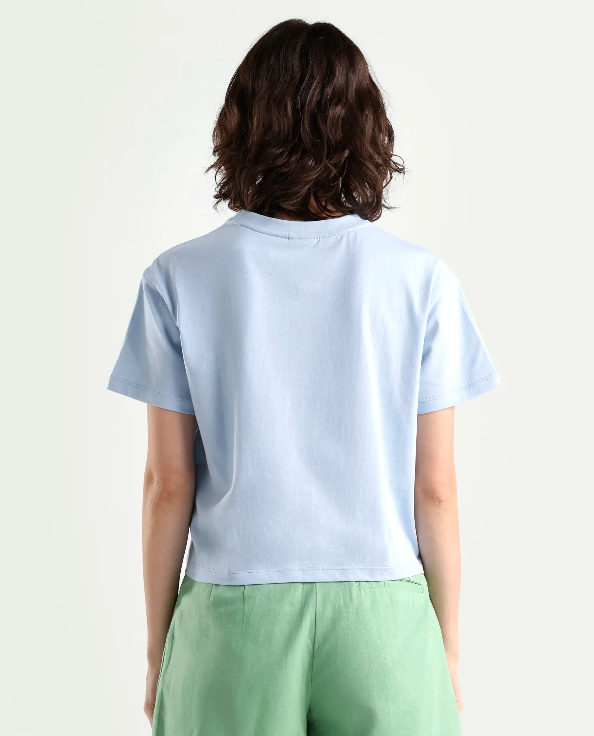 Rareism Women's Zaron Light Blue Cotton Half Sleeve Relaxed Fit Hd Print T-Shirt
