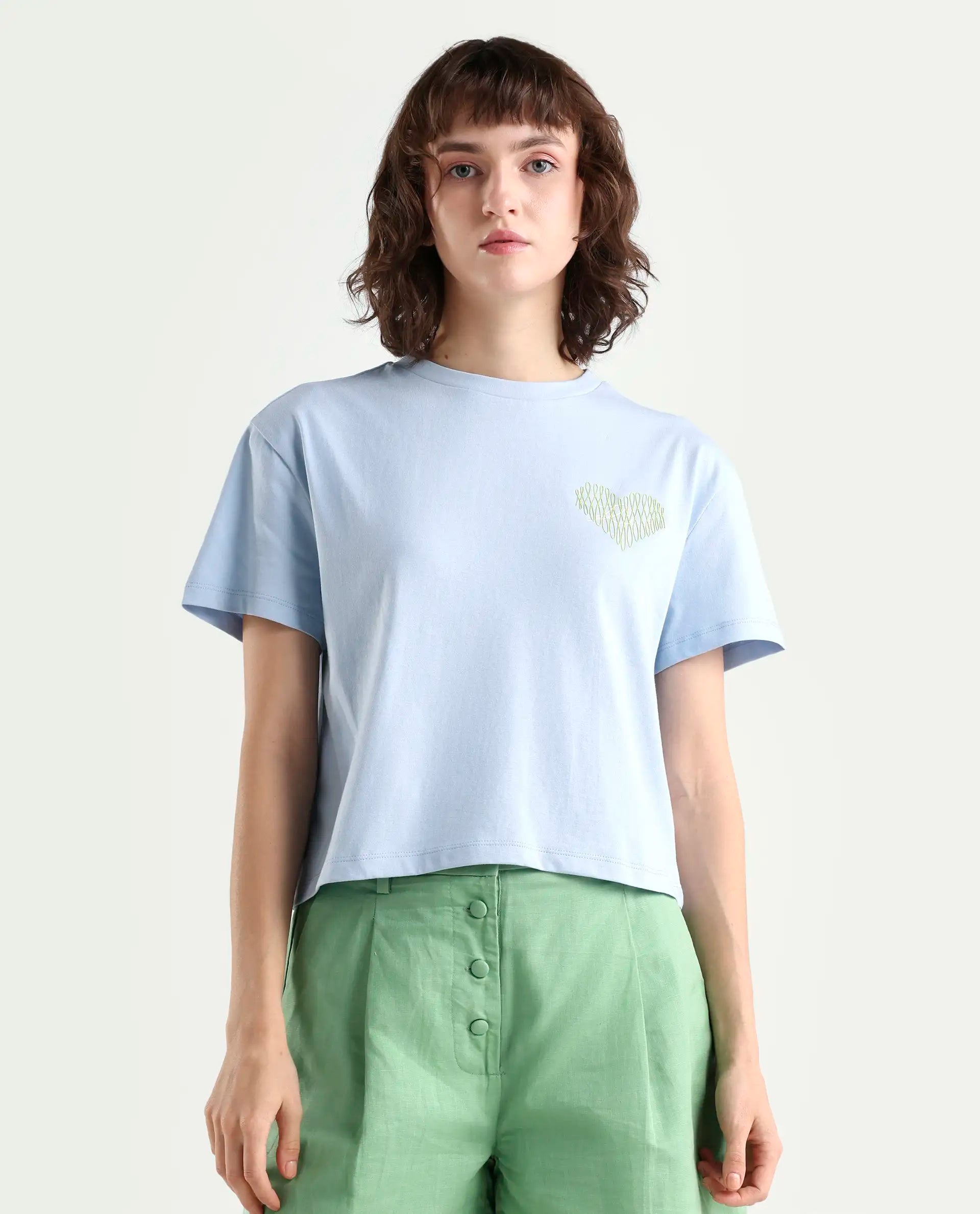 Rareism Women's Zaron Light Blue Cotton Half Sleeve Relaxed Fit Hd Print T-Shirt