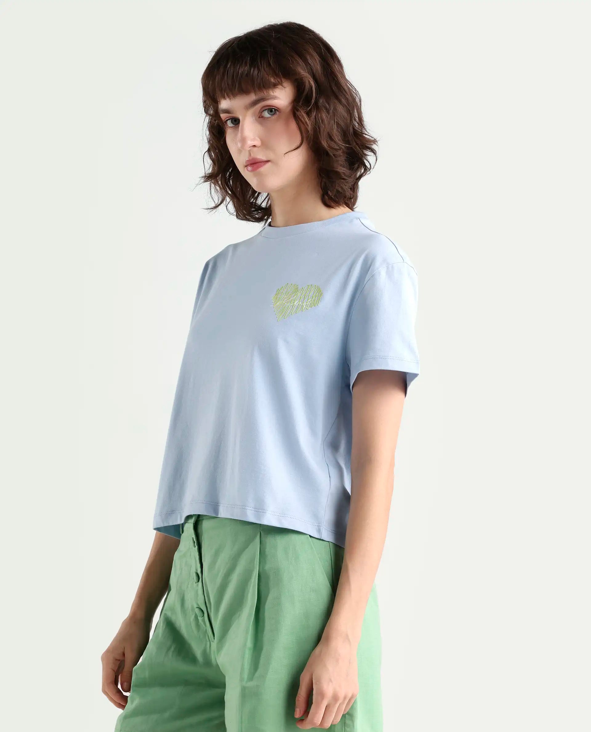 Rareism Women's Zaron Light Blue Cotton Half Sleeve Relaxed Fit Hd Print T-Shirt