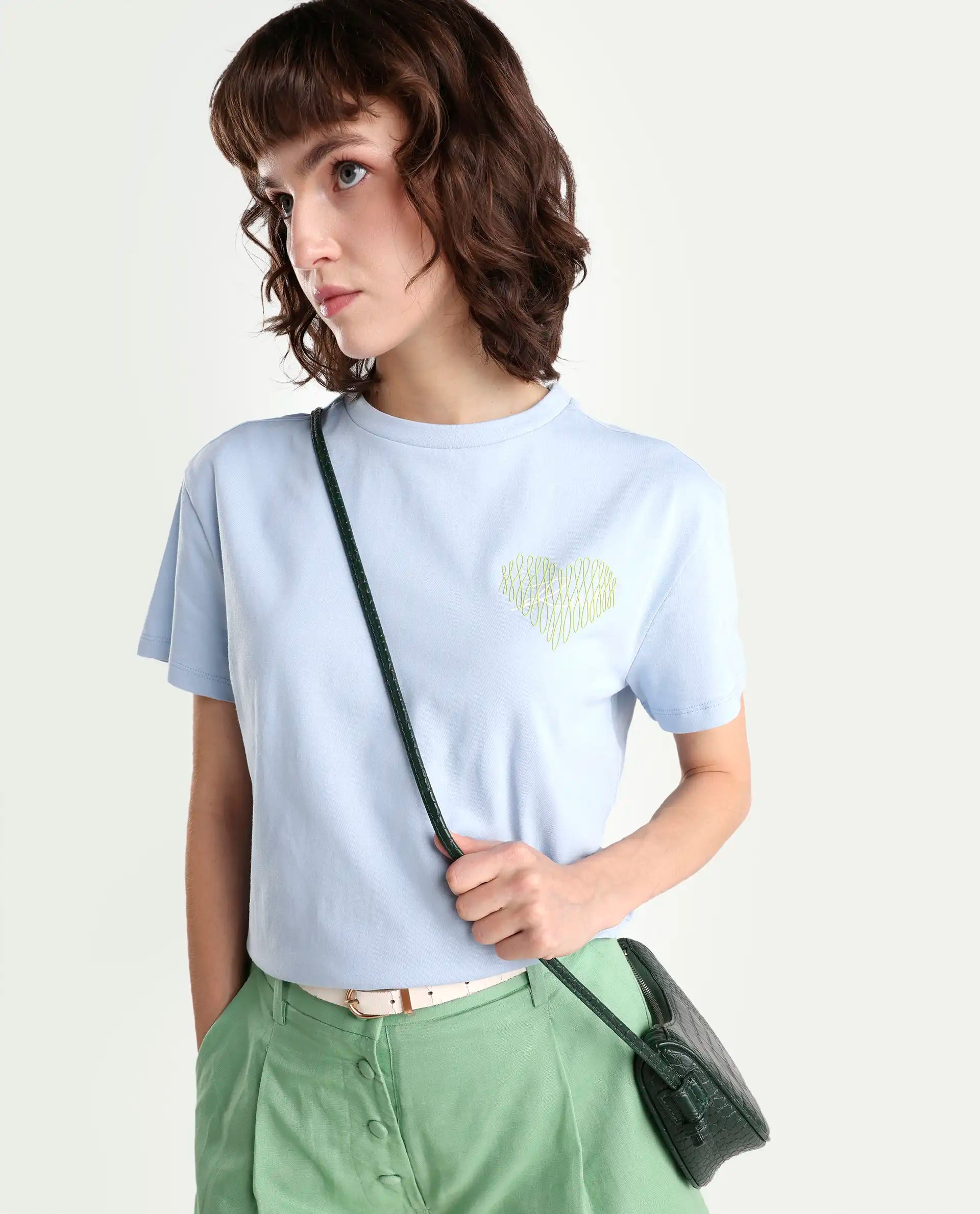 Rareism Women's Zaron Light Blue Cotton Half Sleeve Relaxed Fit Hd Print T-Shirt