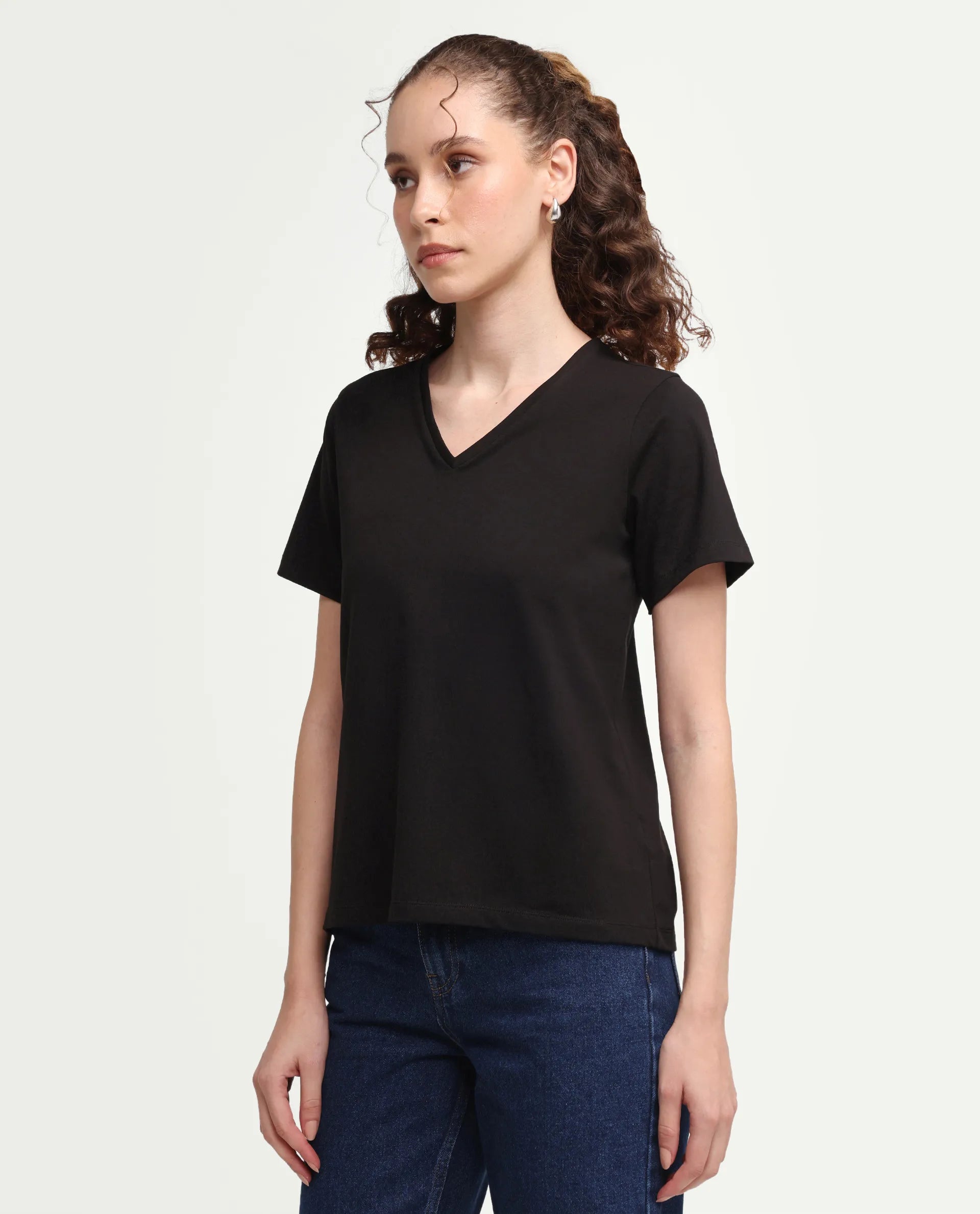 Rareism Women's Zyler Black Cotton Blend Half Sleeve Relaxed Fit Embroidery T-Shirt