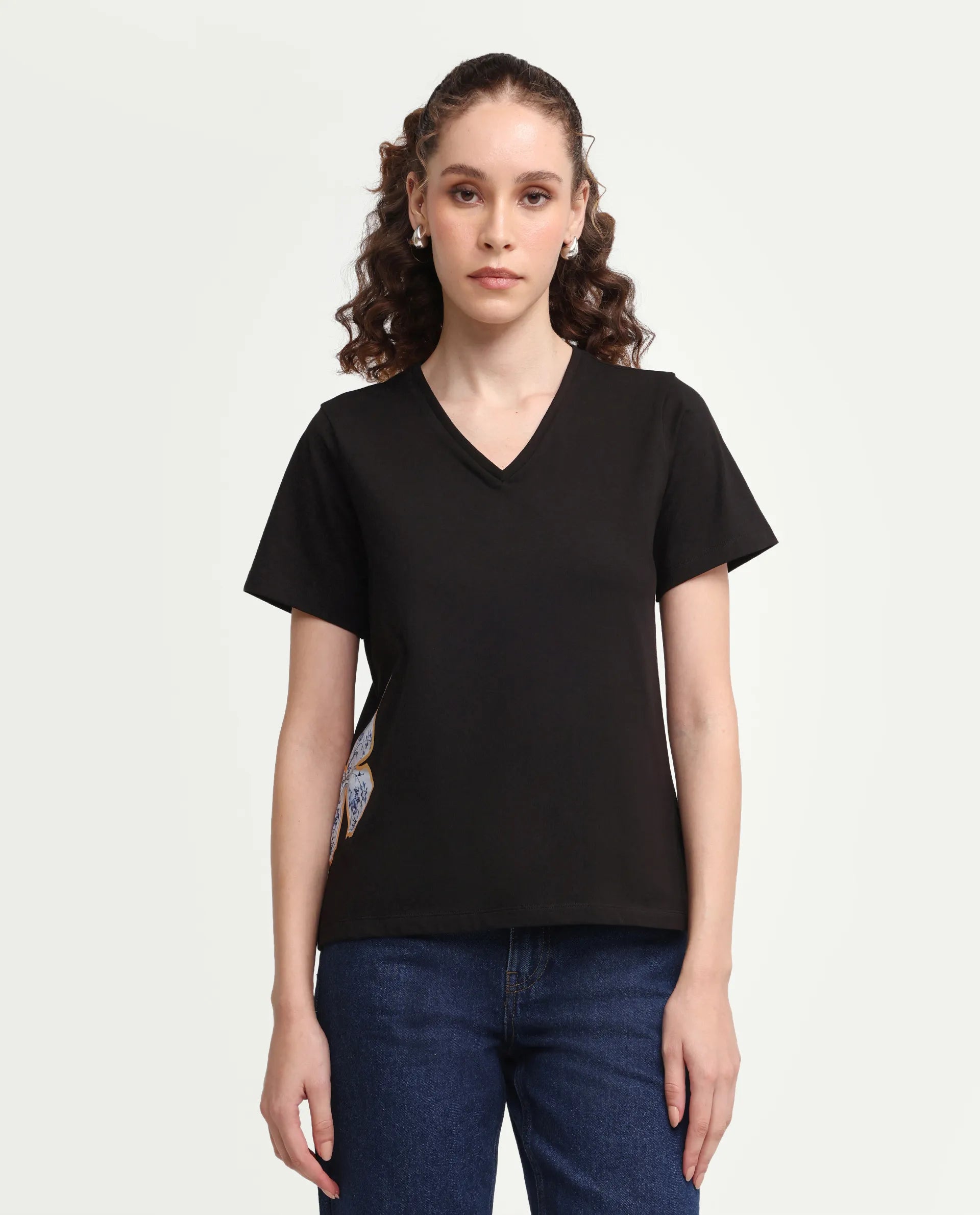 Rareism Women's Zyler Black Cotton Blend Half Sleeve Relaxed Fit Embroidery T-Shirt