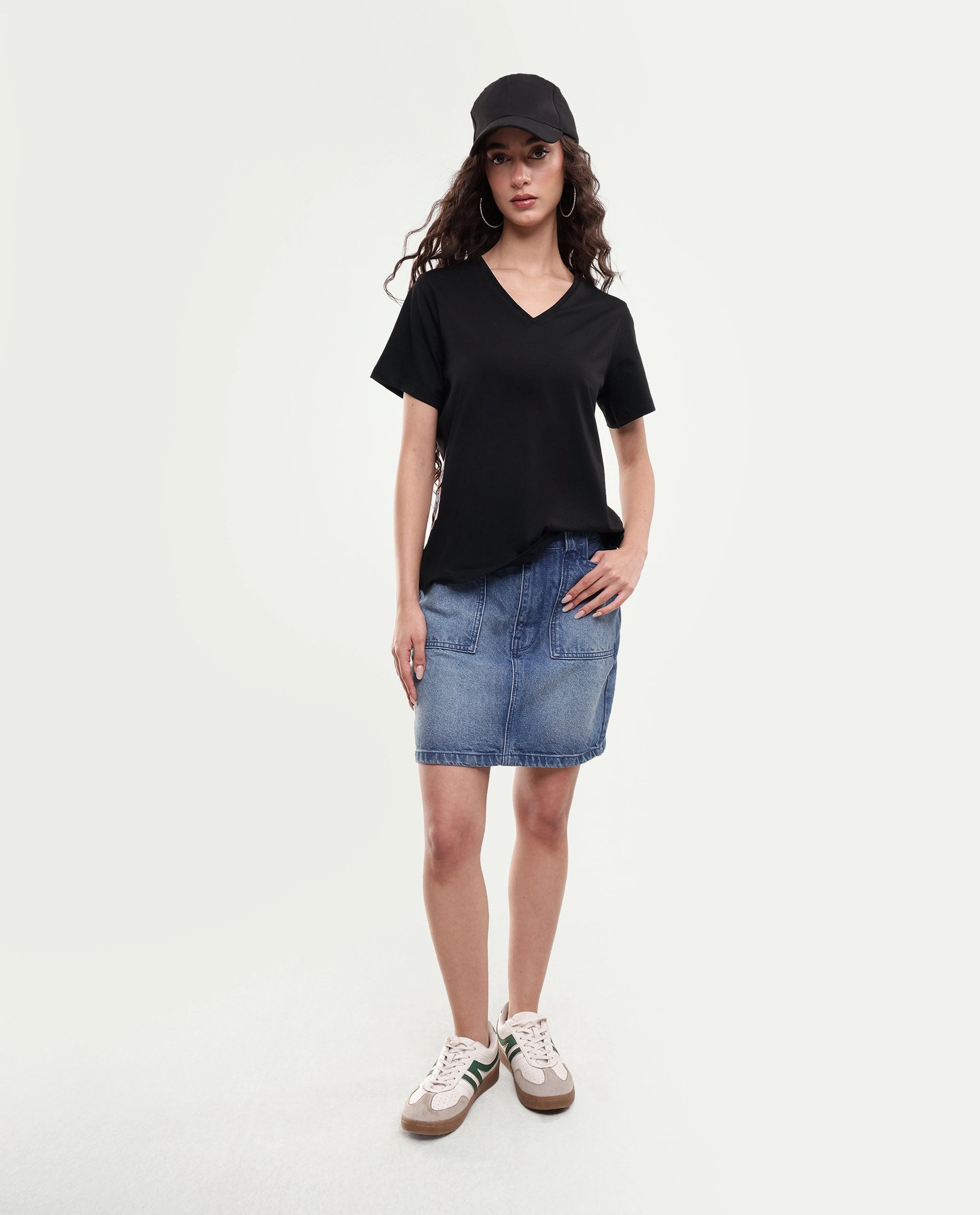 Rareism Women's Zyler Black Cotton Blend Half Sleeve Relaxed Fit Embroidery T-Shirt