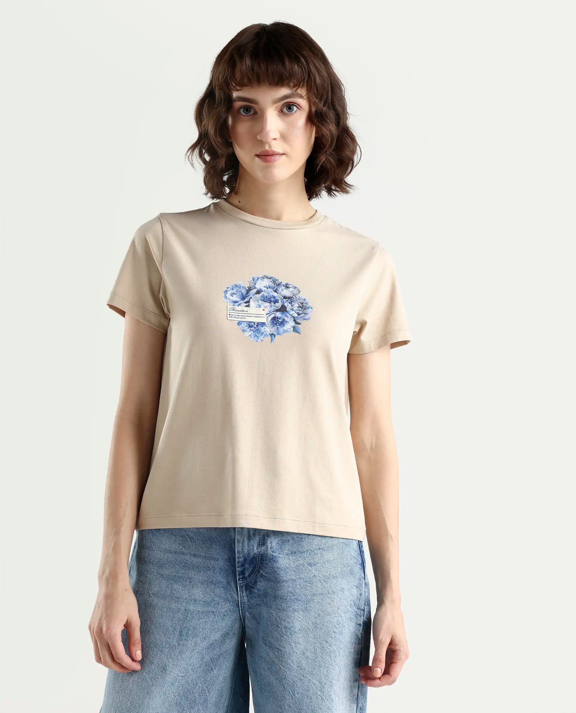 Rareism Women's Zak Beige Cotton Blend Half Sleeve Regular Fit Badge Print T-Shirt