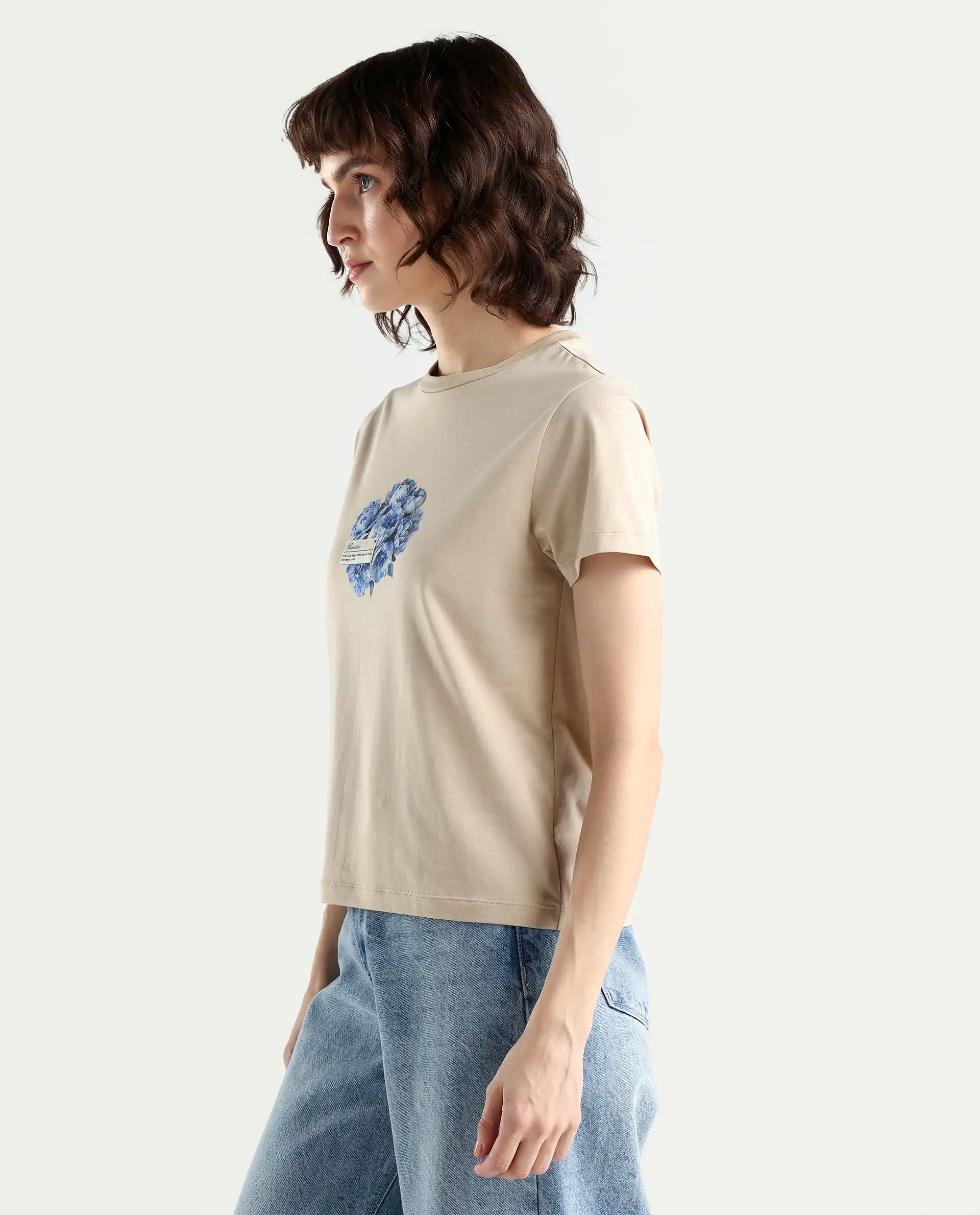 Rareism Women's Zak Beige Cotton Blend Half Sleeve Regular Fit Badge Print T-Shirt