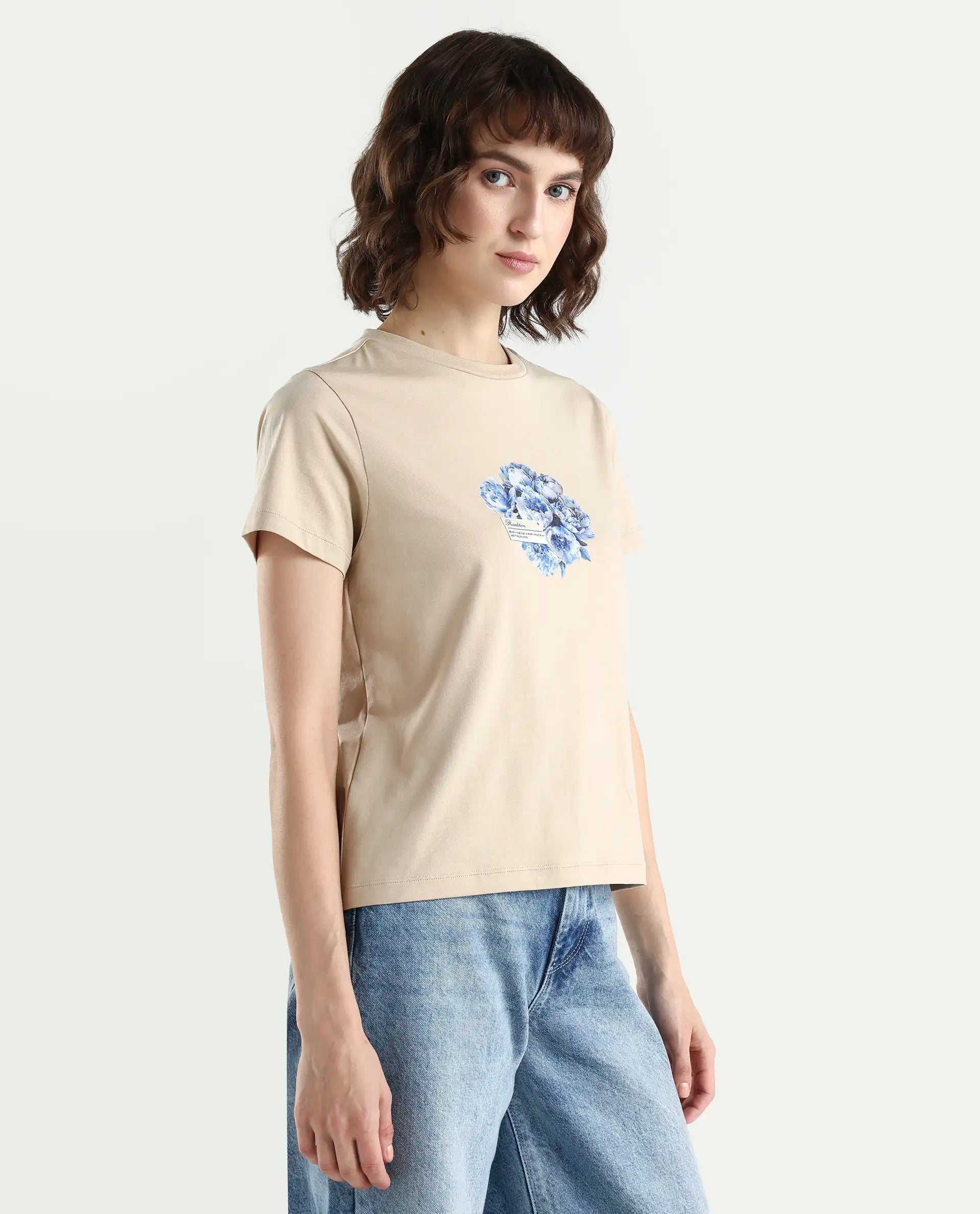 Rareism Women's Zak Beige Cotton Blend Half Sleeve Regular Fit Badge Print T-Shirt