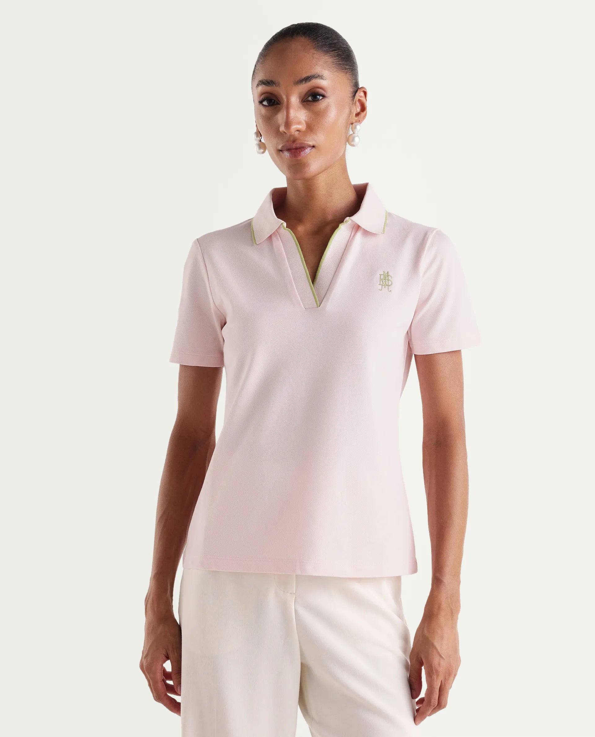 Rareism Women's Zeya Light Pink Cotton Blend Half Sleeve Regular Fit Plain Polo