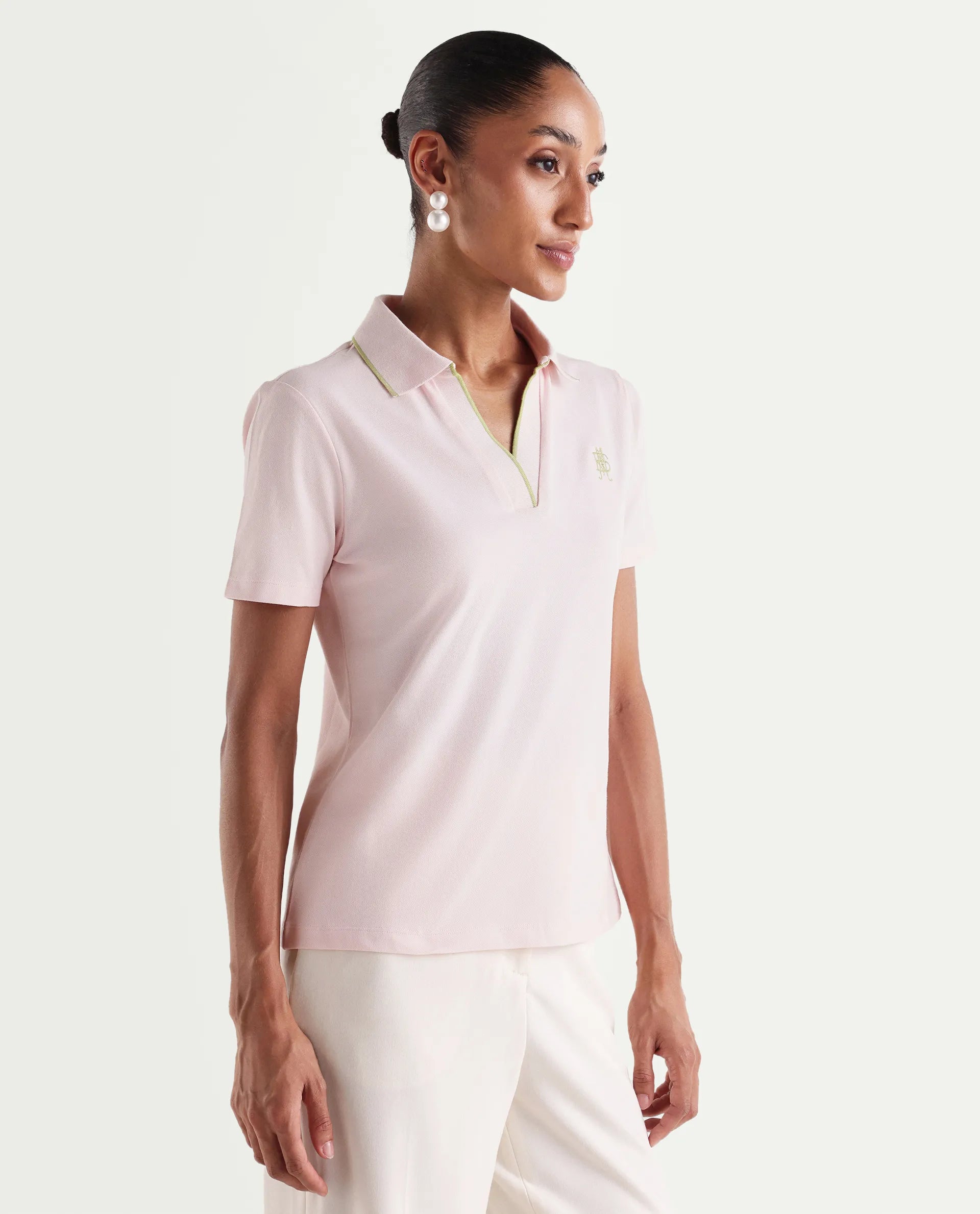 Rareism Women's Zeya Light Pink Cotton Blend Half Sleeve Regular Fit Plain Polo