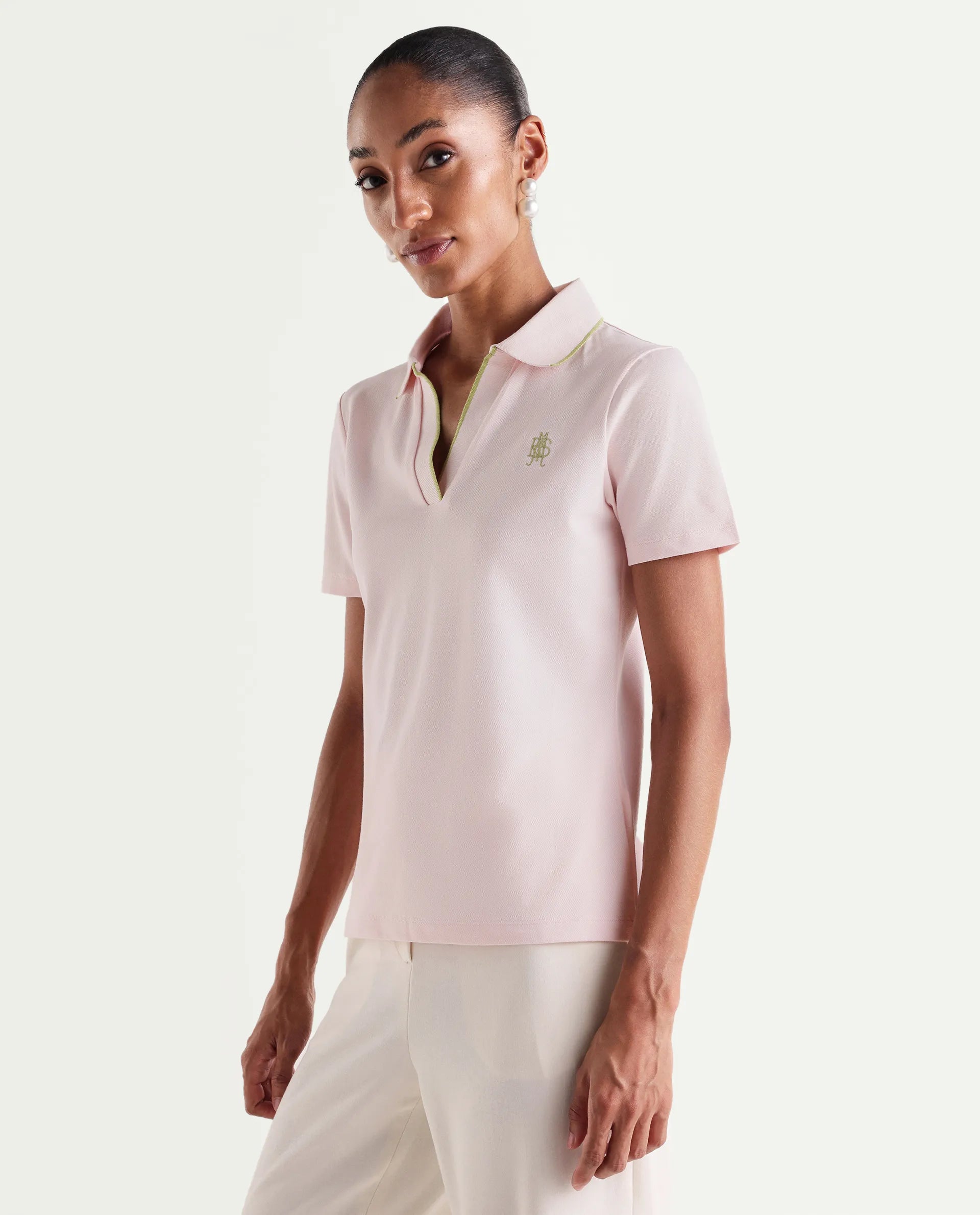 Rareism Women's Zeya Light Pink Cotton Blend Half Sleeve Regular Fit Plain Polo
