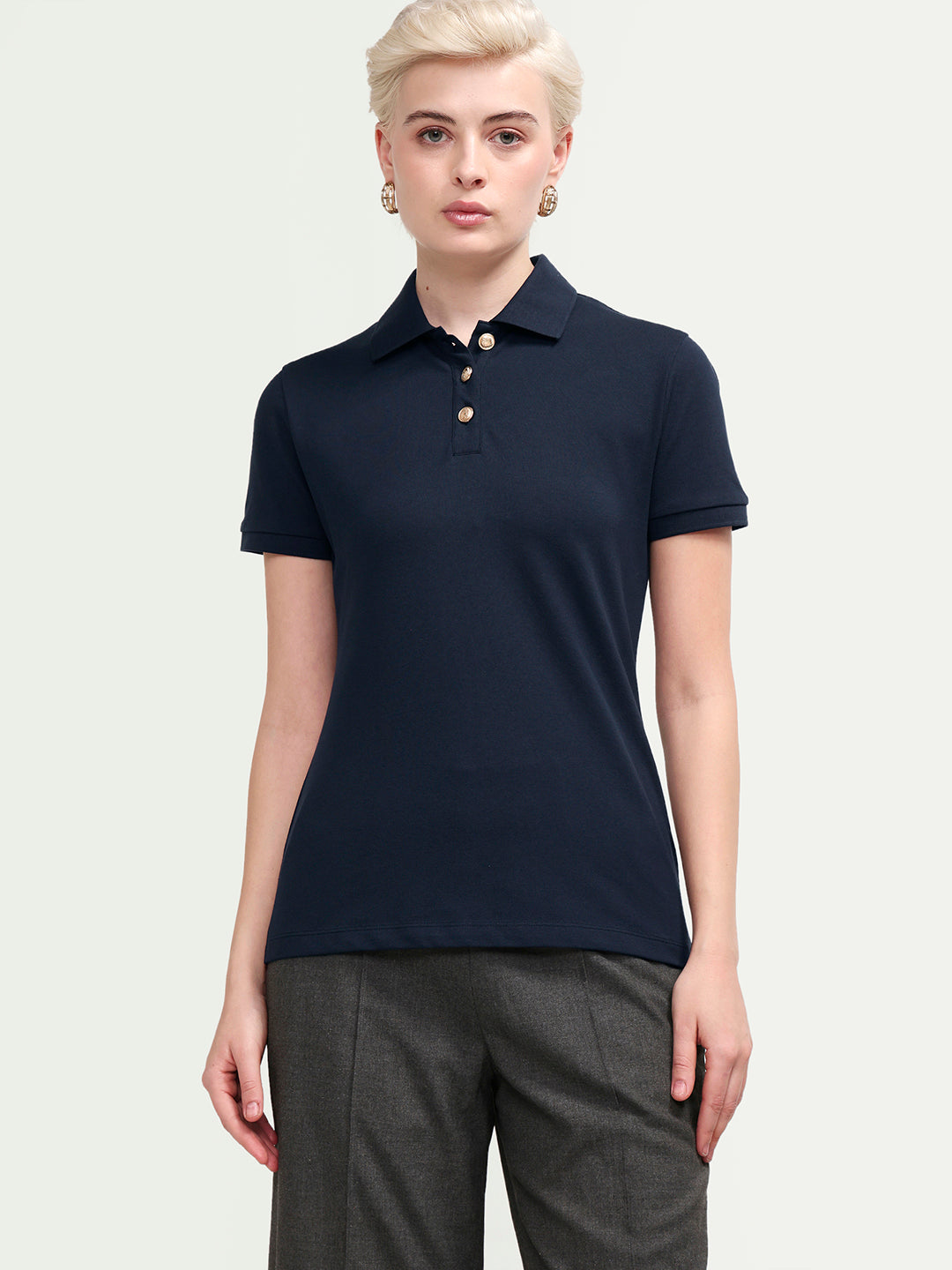 Rareism Women's Zana Navy Cotton Blend Half Sleeve Regular Fit Plain Polo