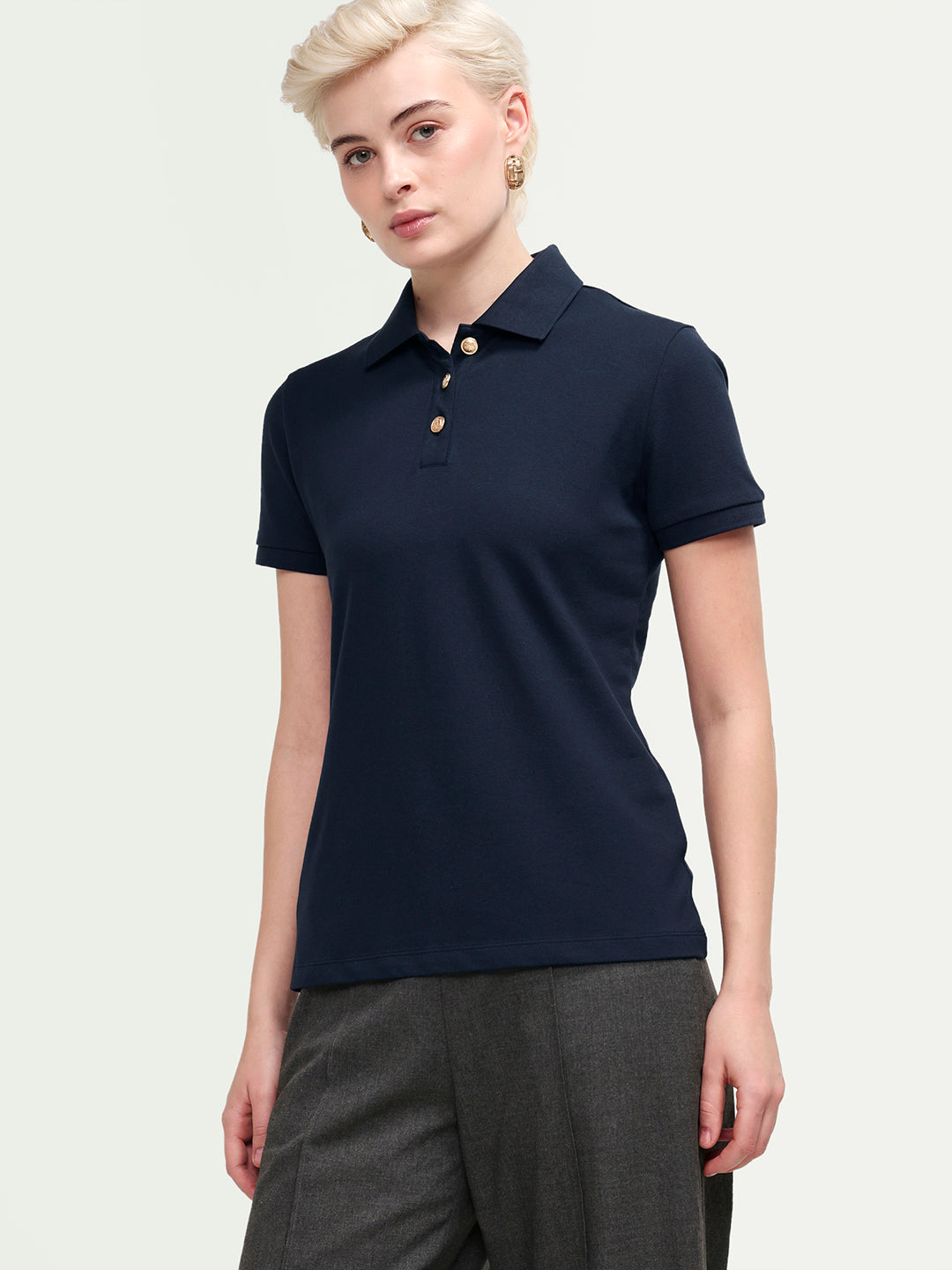 Rareism Women's Zana Navy Cotton Blend Half Sleeve Regular Fit Plain Polo