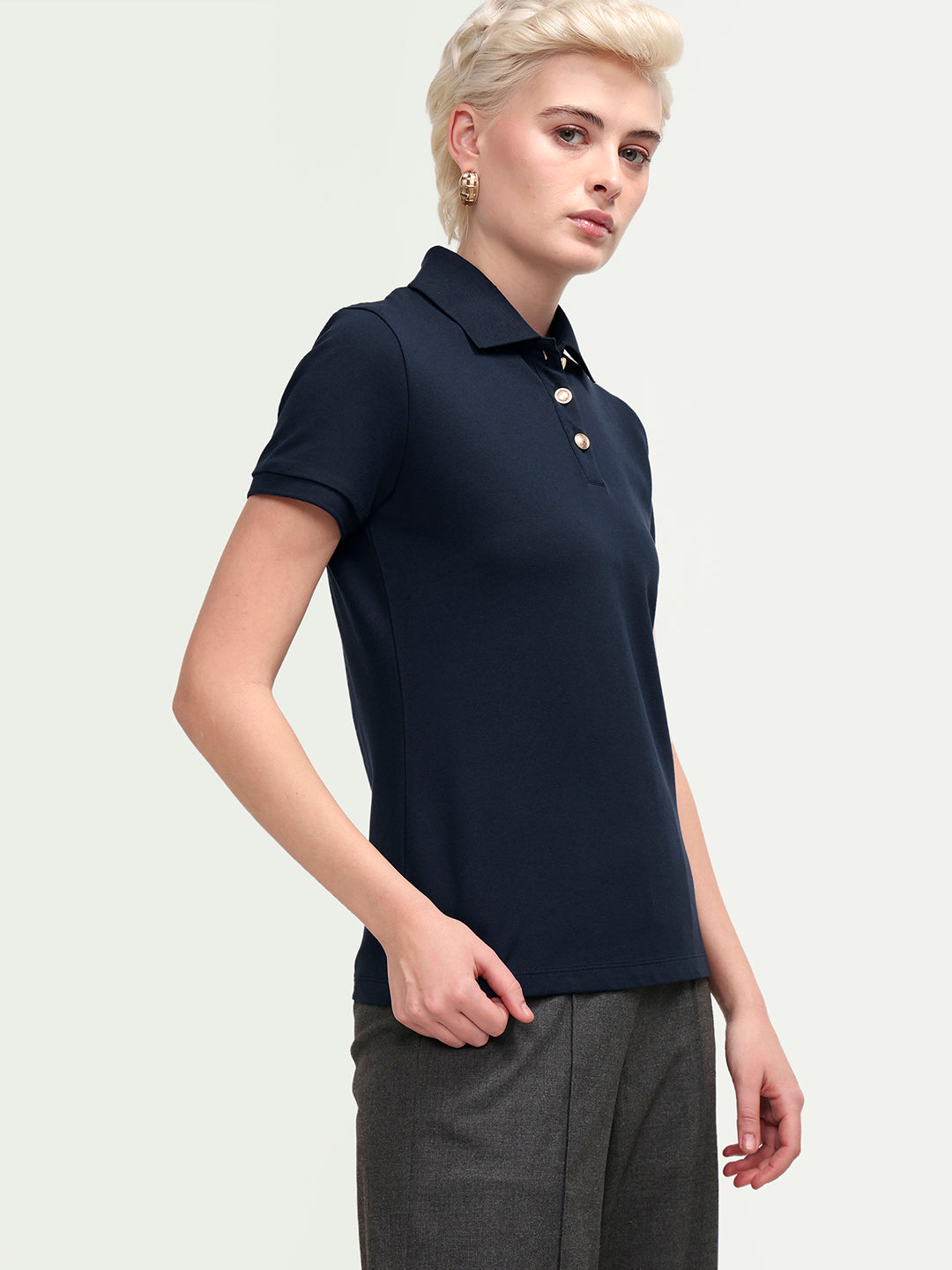 Rareism Women's Zana Navy Cotton Blend Half Sleeve Regular Fit Plain Polo