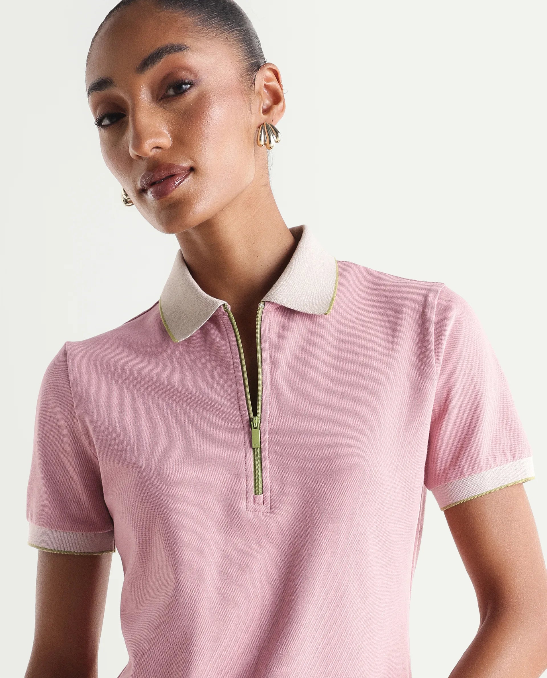 Rareism Women's Zipe Dusky Pink Cotton Lycra Half Sleeve Regular Fit Plain Polo