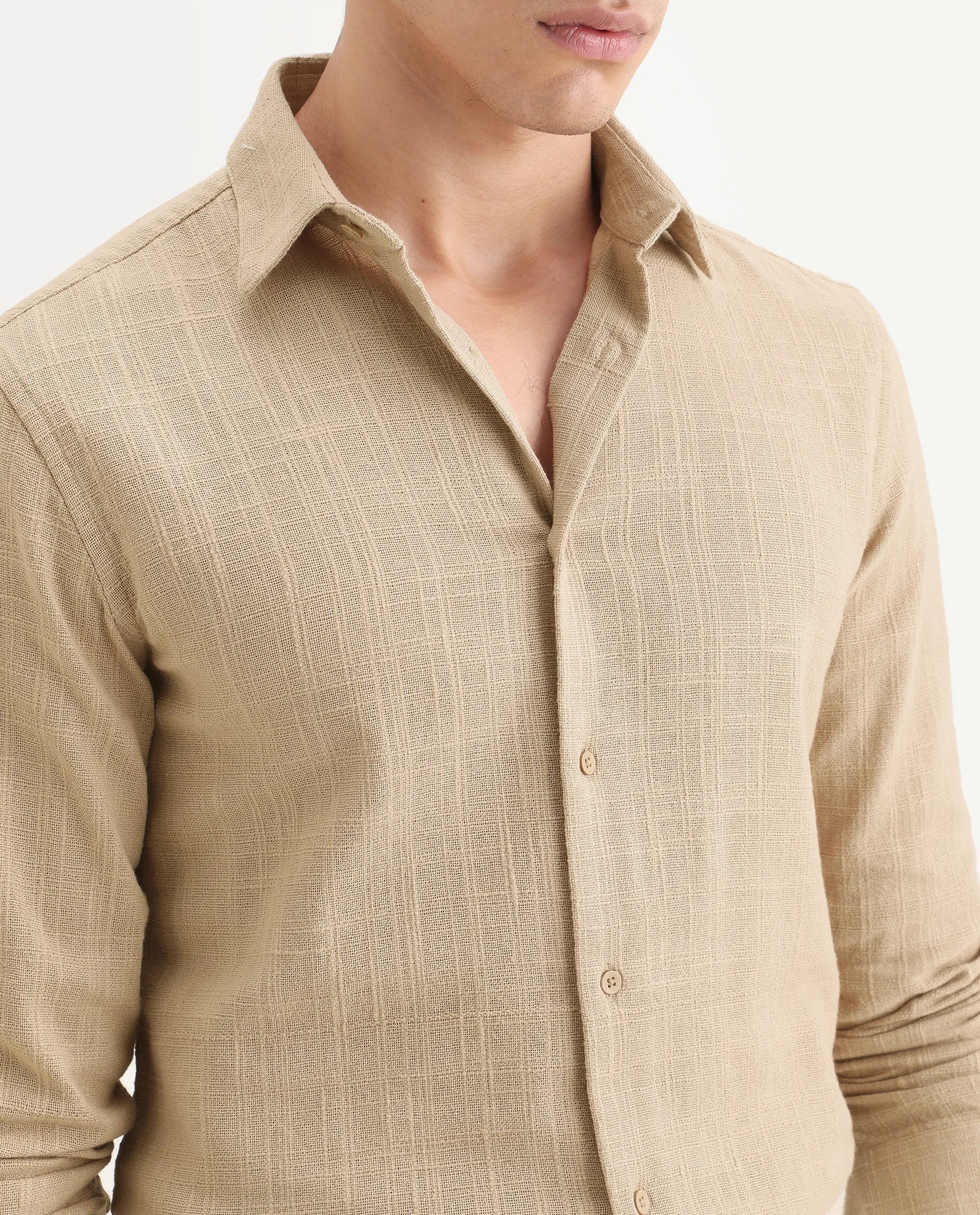 Rare Rabbit Men's Loten Khaki Cotton Fabric Half Sleeve Spread Collar Regular Fit Textured Shirt
