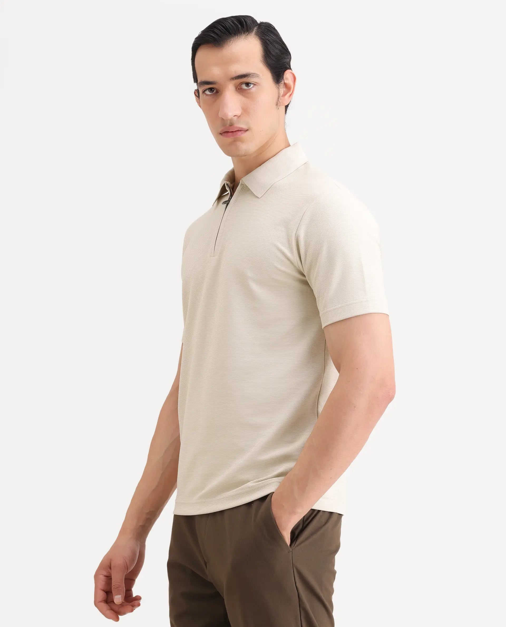 Rare Rabbit Men's Arp Light Beige Cotton Blend Fabric Half Sleeve Spread Collar Regular Fit Plain Polo