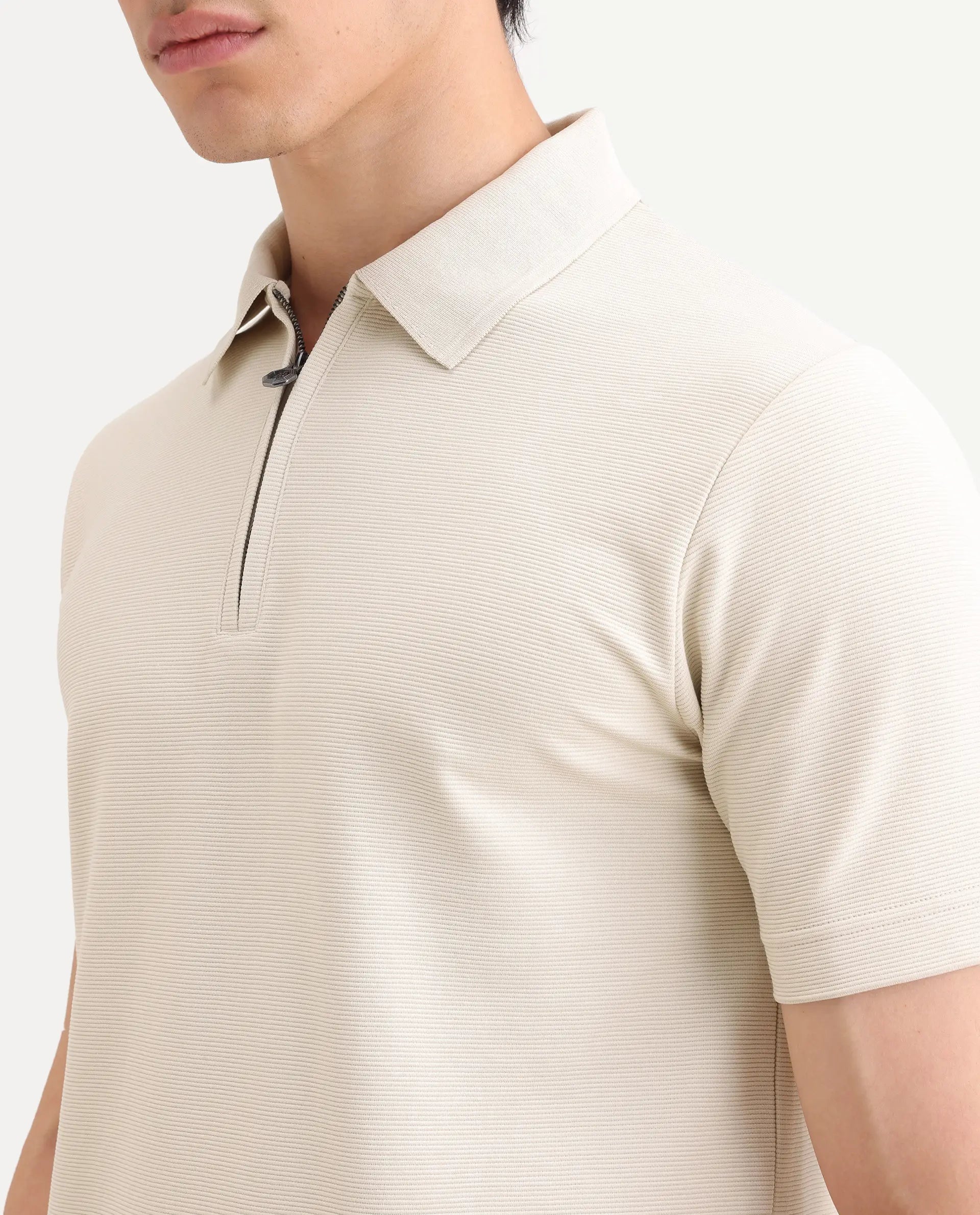 Rare Rabbit Men's Arp Light Beige Cotton Blend Fabric Half Sleeve Spread Collar Regular Fit Plain Polo