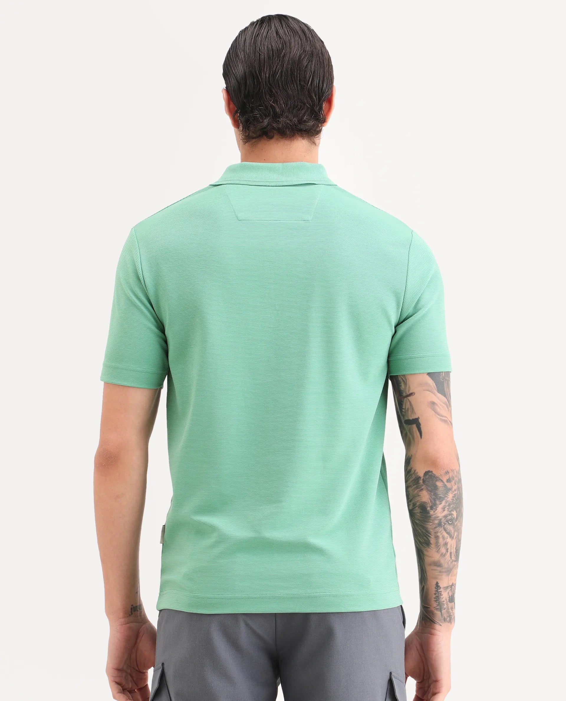 Rare Rabbit Men's Arp Dusky Green Cotton Blend Fabric Half Sleeve Spread Collar Regular Fit Plain Polo