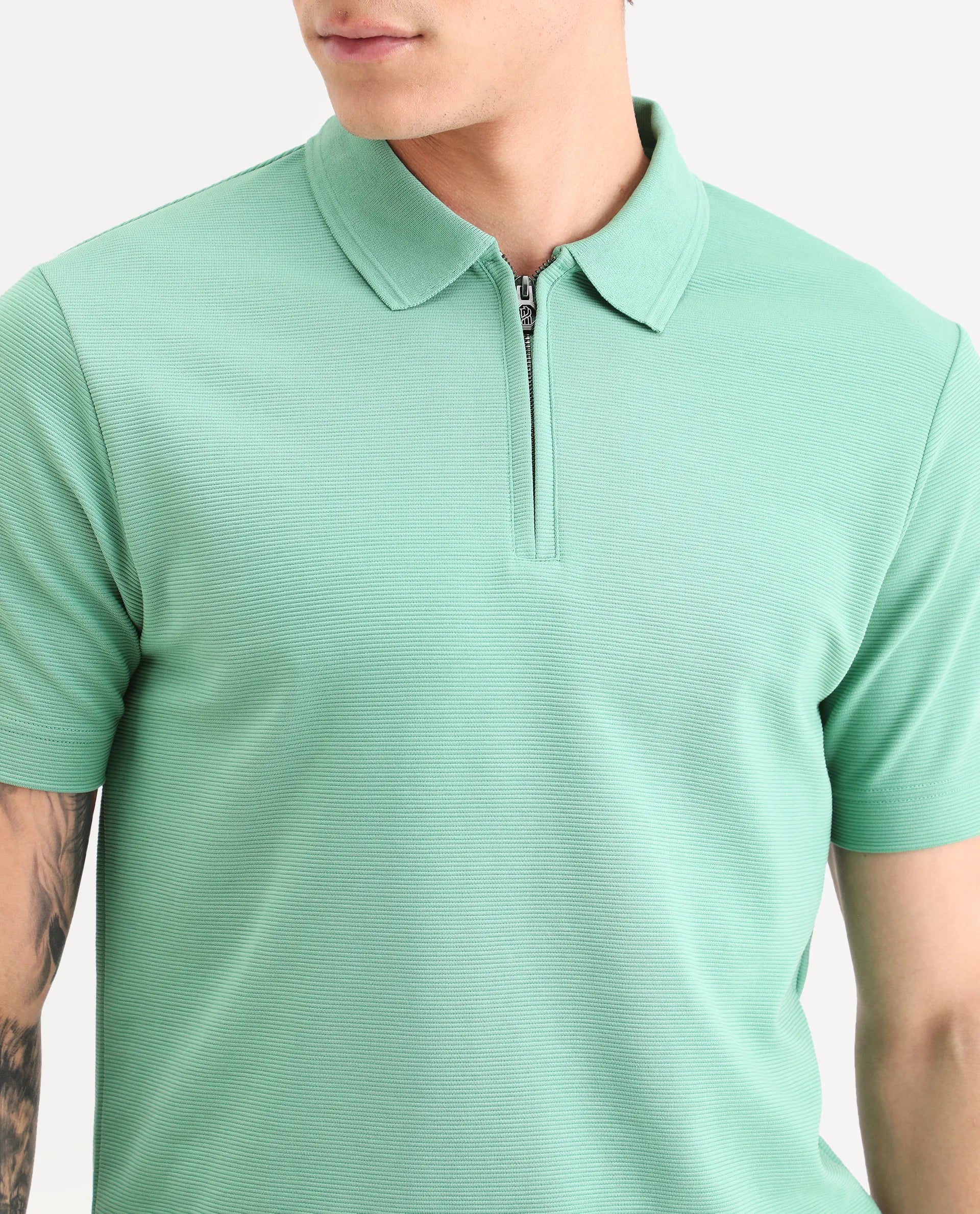 Rare Rabbit Men's Arp Dusky Green Cotton Blend Fabric Half Sleeve Spread Collar Regular Fit Plain Polo