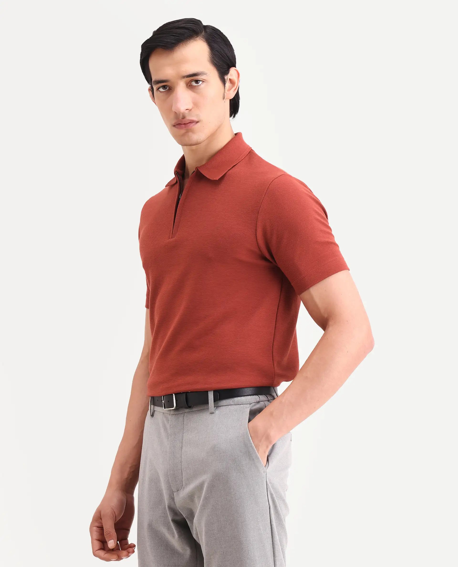 Rare Rabbit Men's Arp Rust Cotton Blend Fabric Half Sleeve Spread Collar Regular Fit Plain Polo