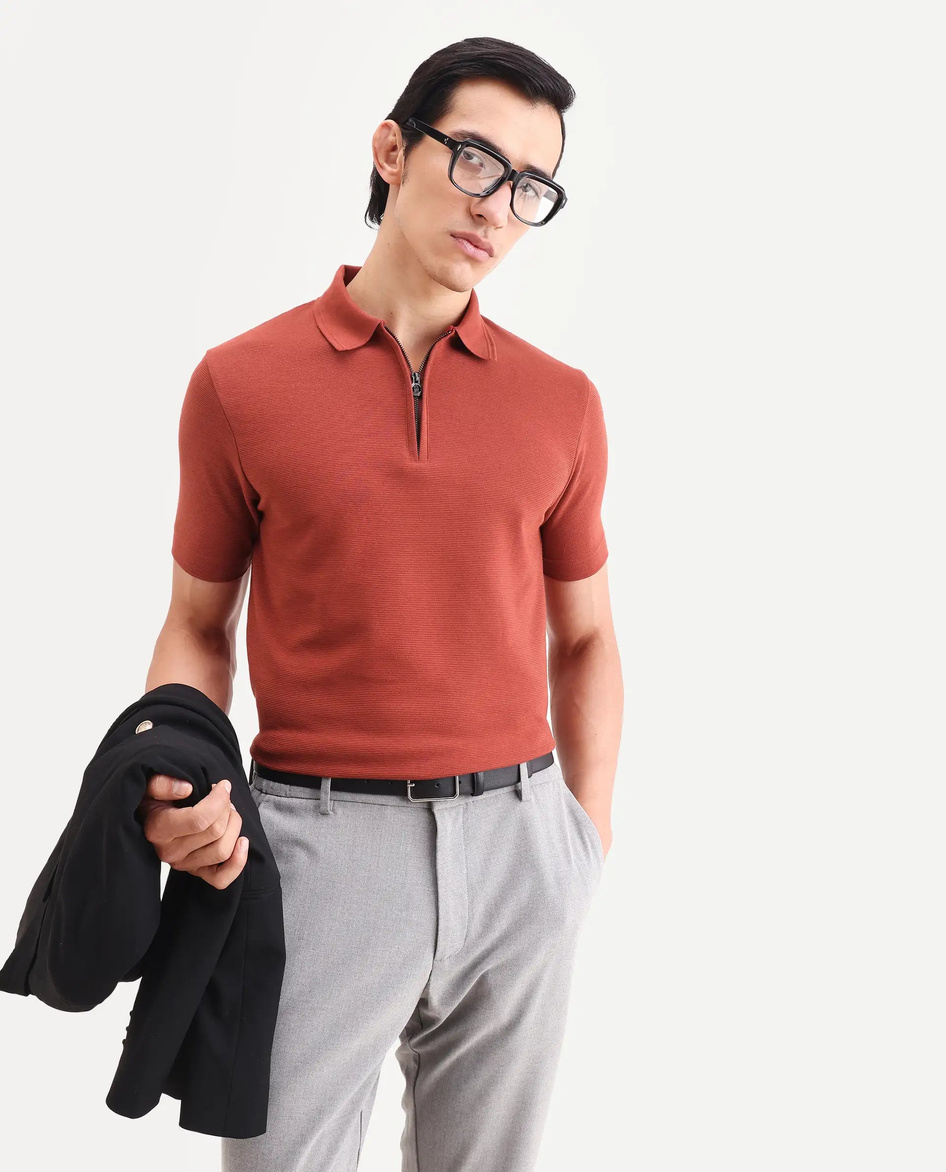 Rare Rabbit Men's Arp Rust Cotton Blend Fabric Half Sleeve Spread Collar Regular Fit Plain Polo