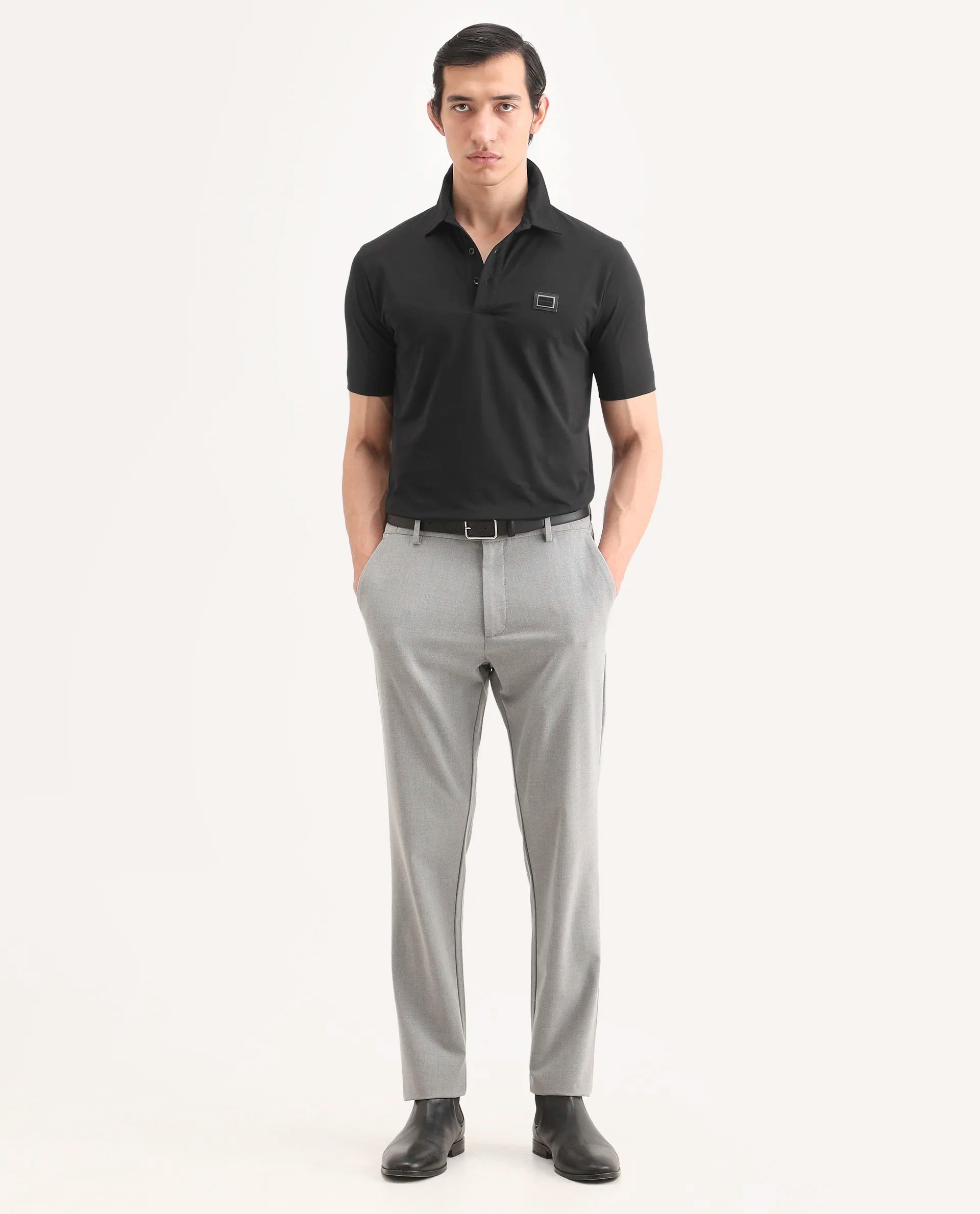 Rare Rabbit Men's Badger-S26 Black Cotton Blend Fabric Half Sleeve Spread Collar Regular Fit Plain Polo