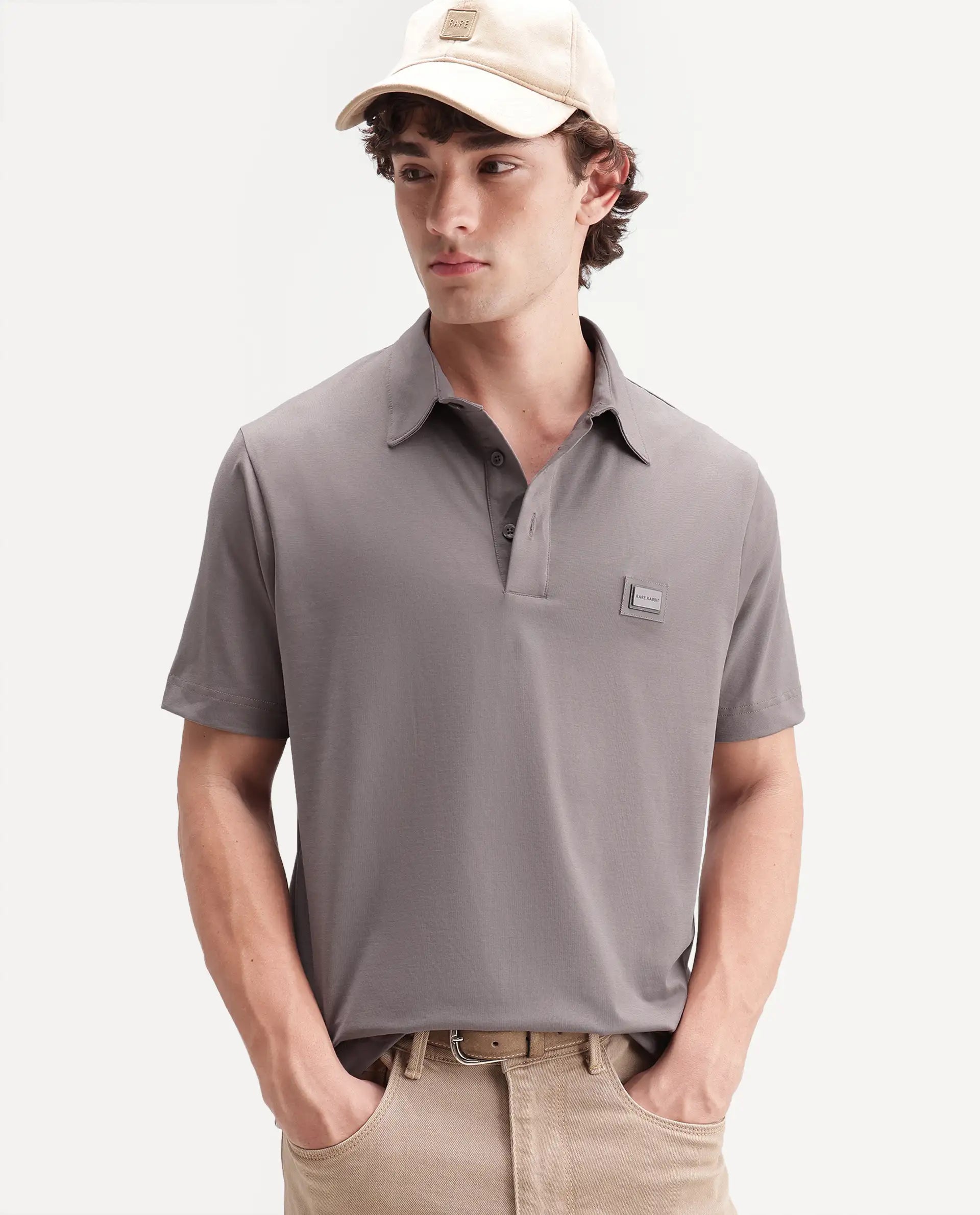 Rare Rabbit Men's Badger-S26 Dusky Purple Cotton Blend Fabric Half Sleeve Spread Collar Regular Fit Plain Polo