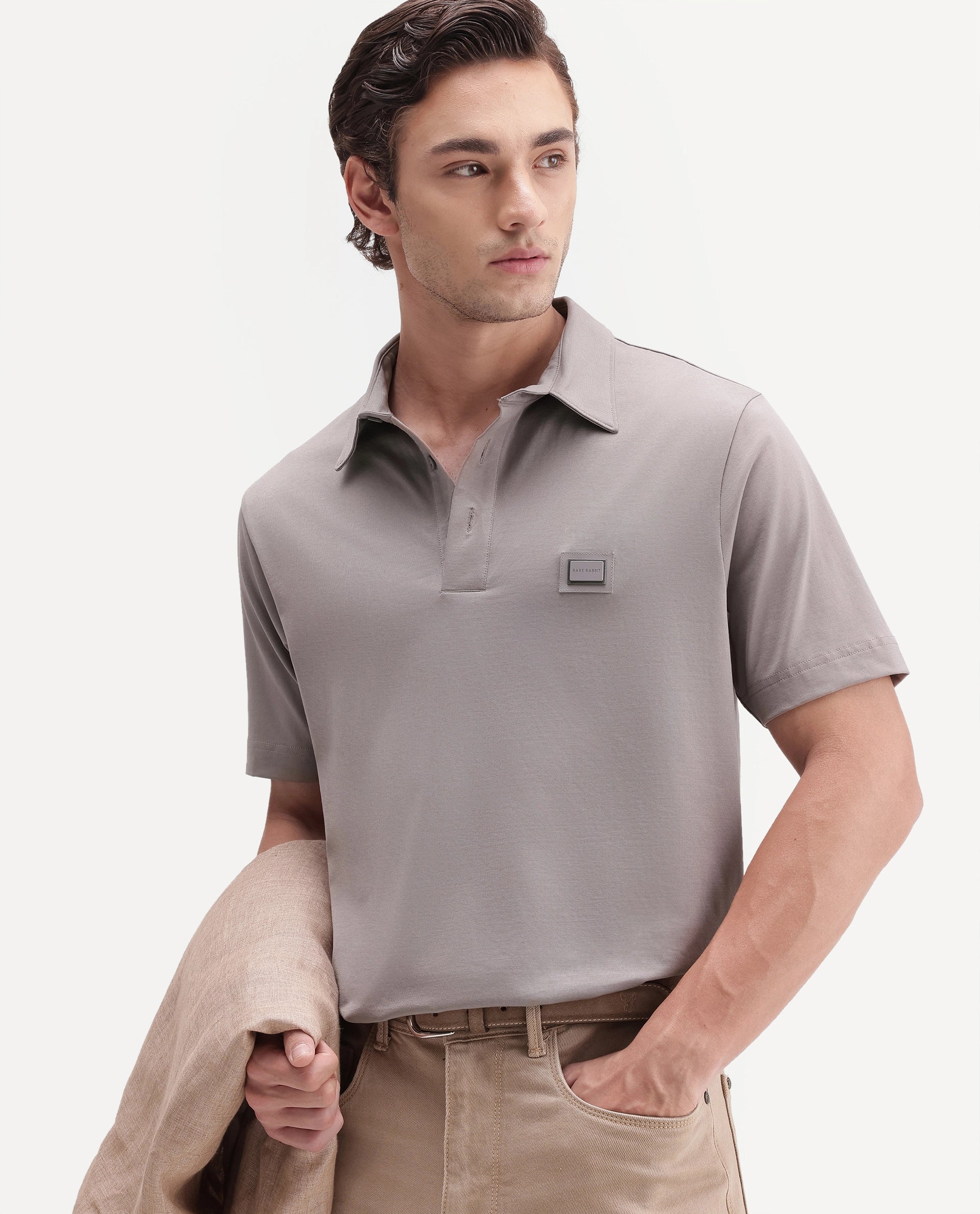 Rare Rabbit Men's Badger-S26 Dusky Purple Cotton Blend Fabric Half Sleeve Spread Collar Regular Fit Plain Polo