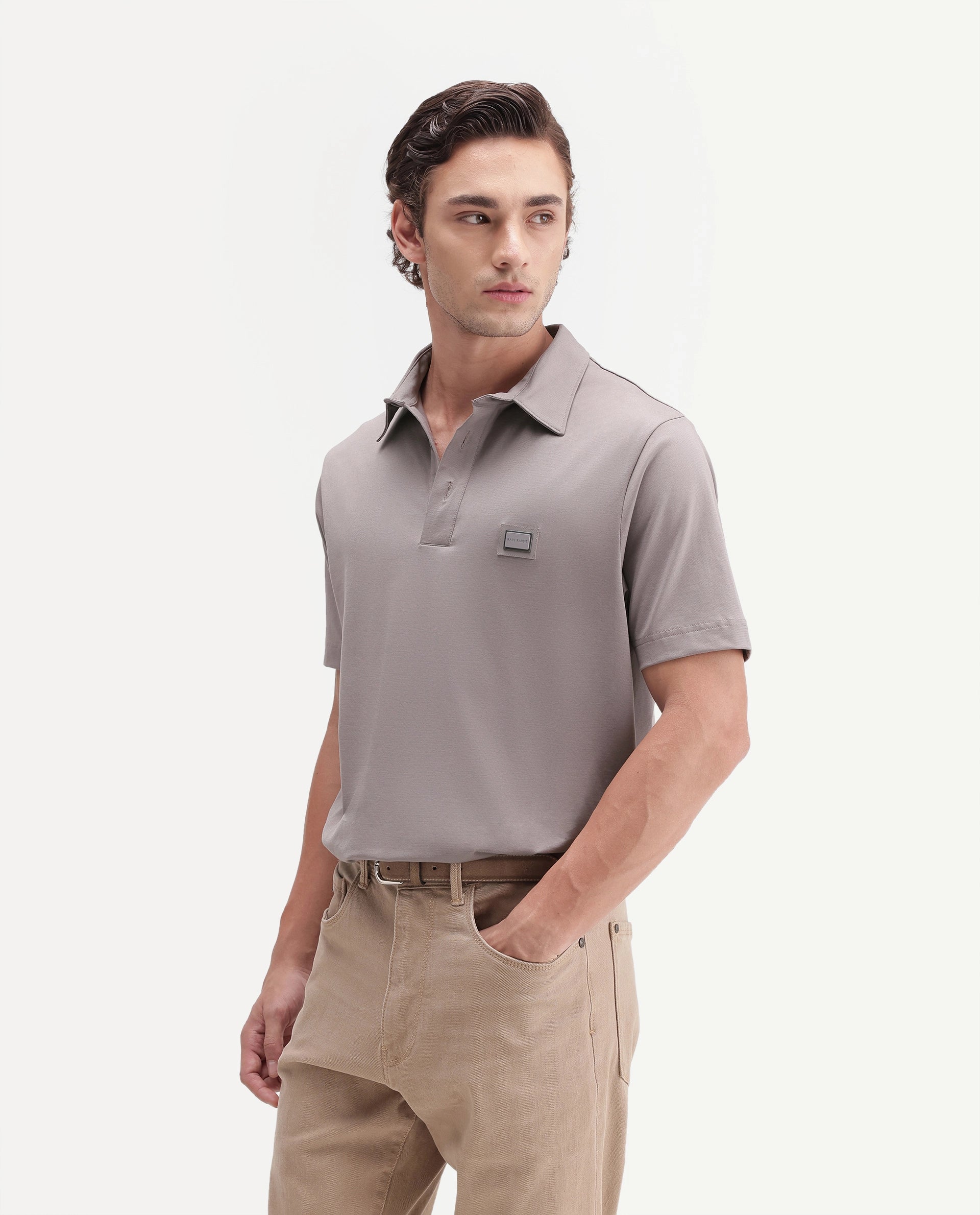 Rare Rabbit Men's Badger-S26 Dusky Purple Cotton Blend Fabric Half Sleeve Spread Collar Regular Fit Plain Polo