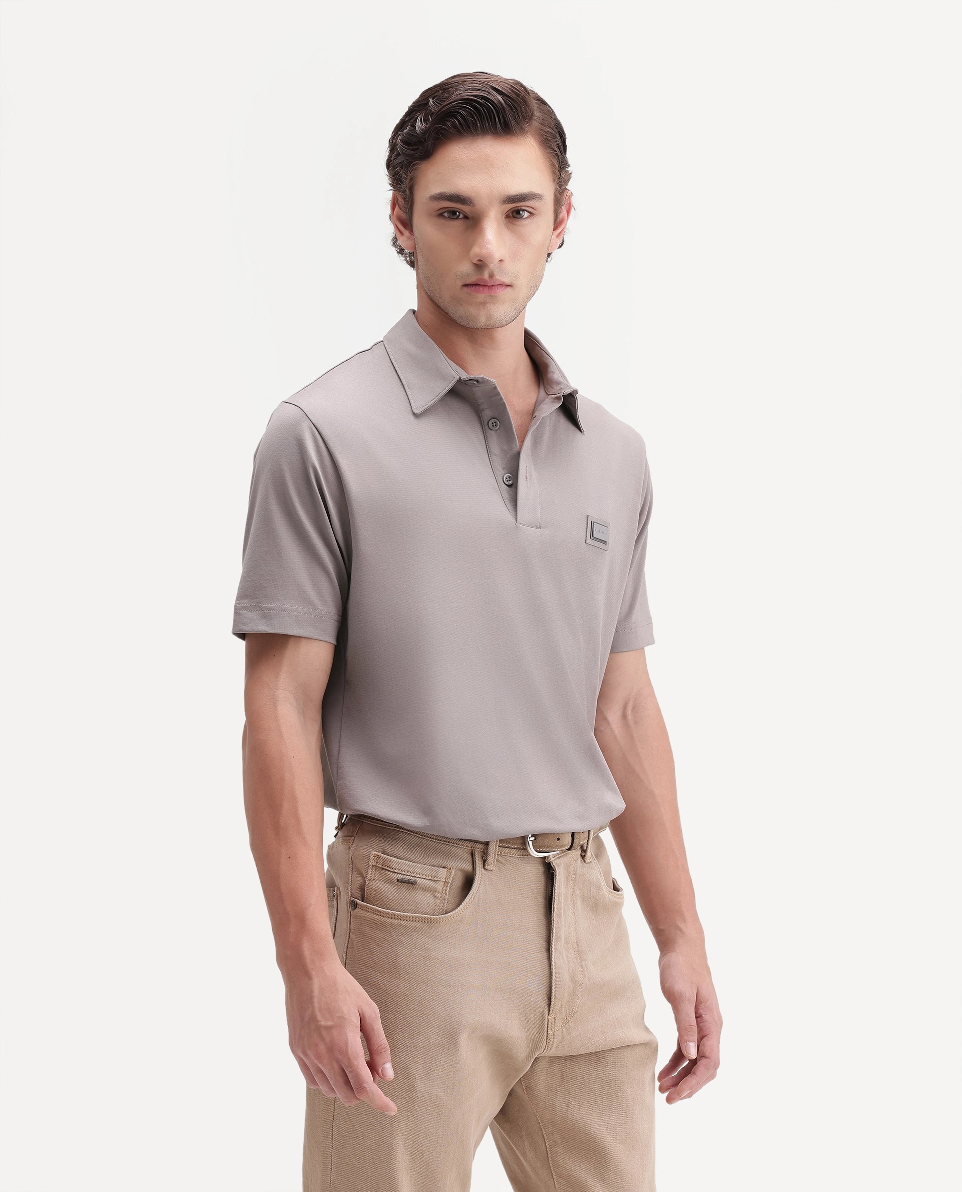 Rare Rabbit Men's Badger-S26 Dusky Purple Cotton Blend Fabric Half Sleeve Spread Collar Regular Fit Plain Polo