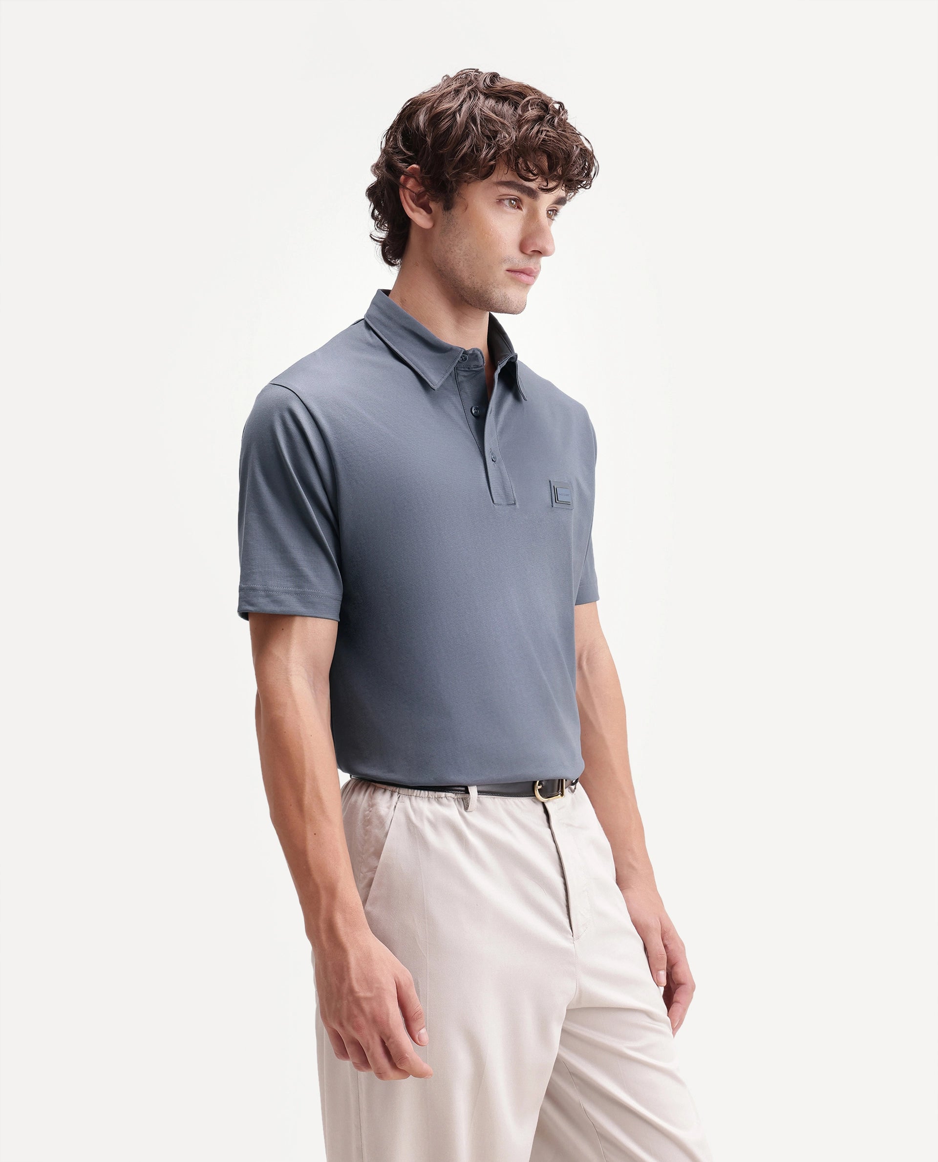 Rare Rabbit Men's Badger-S26 Dusky Blue Cotton Blend Fabric Half Sleeve Spread Collar Regular Fit Plain Polo