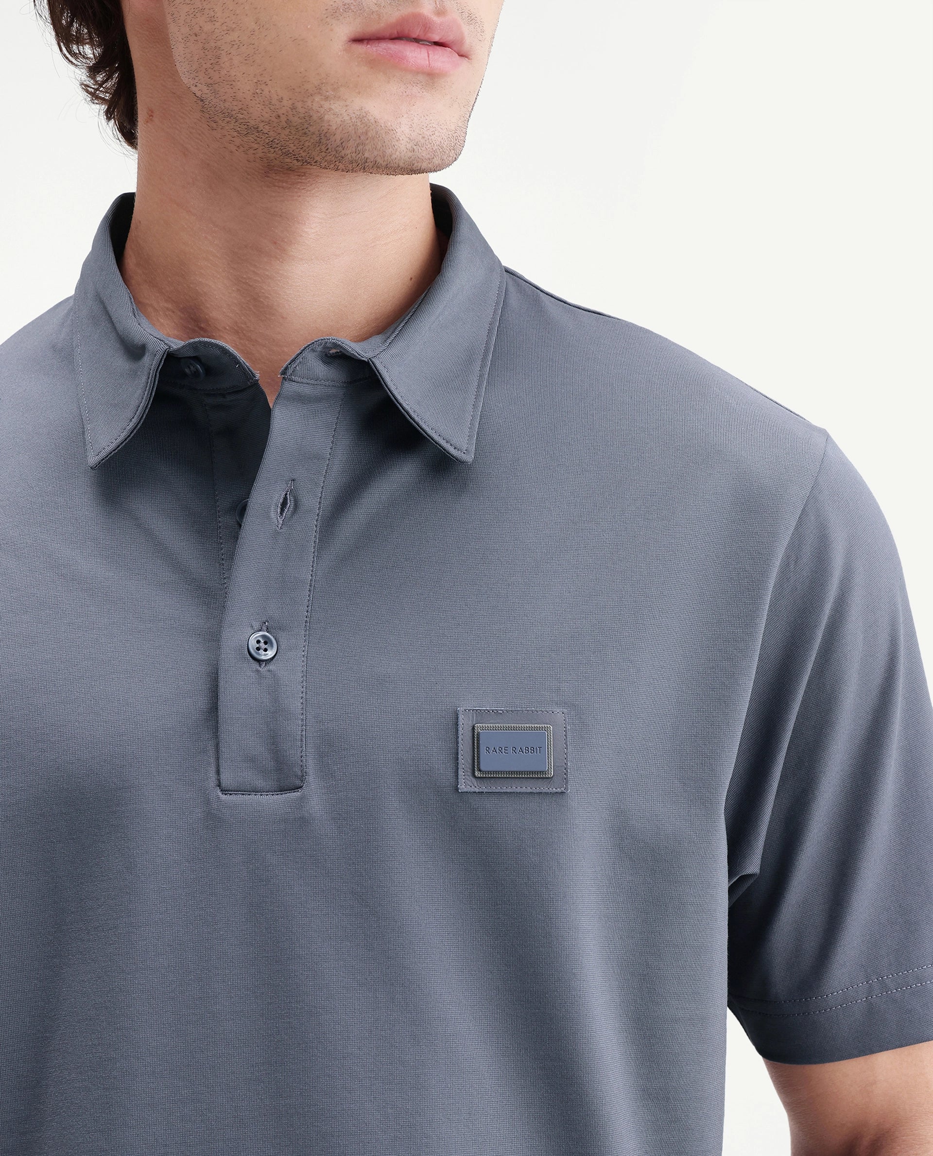 Rare Rabbit Men's Badger-S26 Dusky Blue Cotton Blend Fabric Half Sleeve Spread Collar Regular Fit Plain Polo