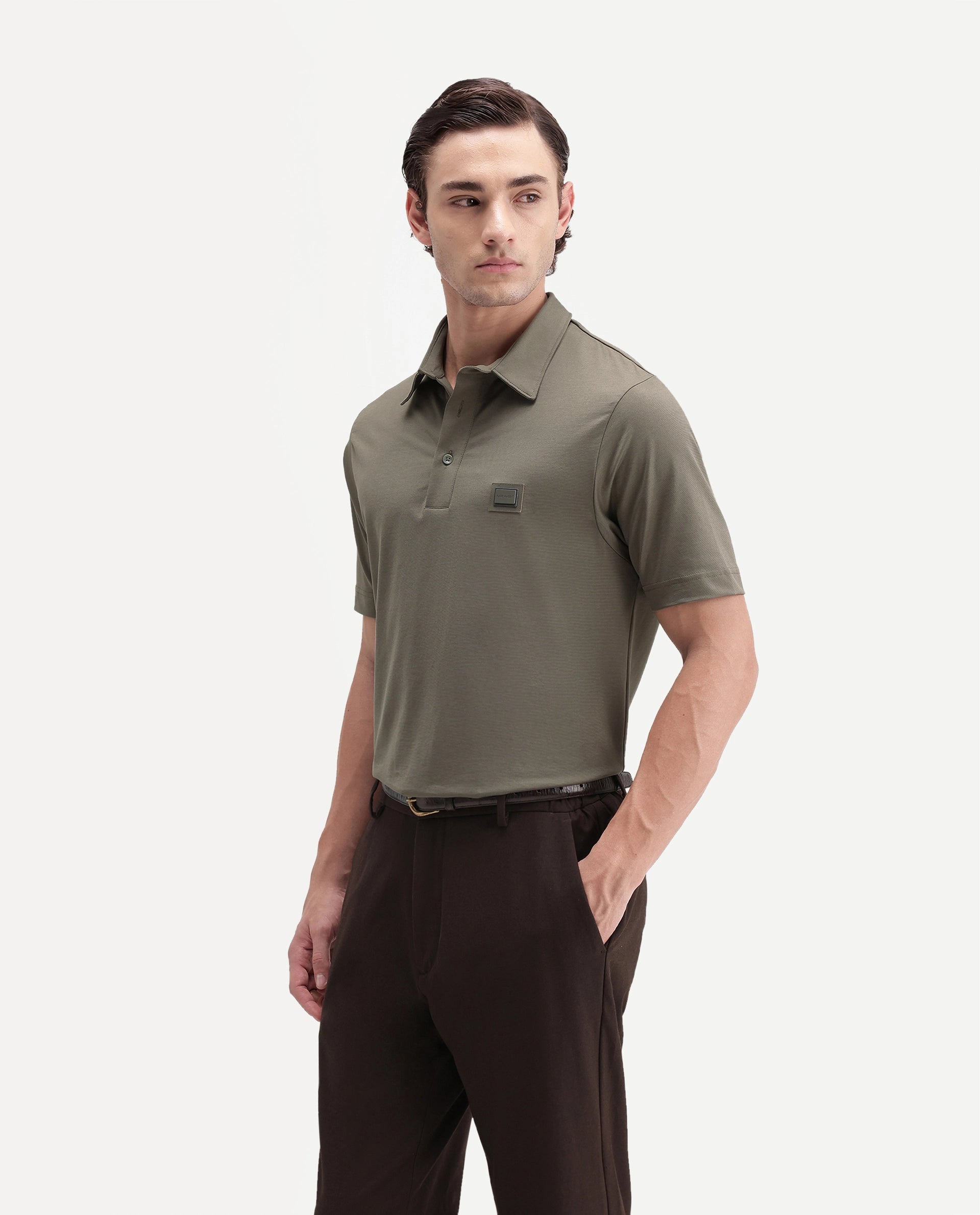 Rare Rabbit Men's Badger-S26 Dusky Olive Cotton Blend Fabric Half Sleeve Spread Collar Regular Fit Plain Polo