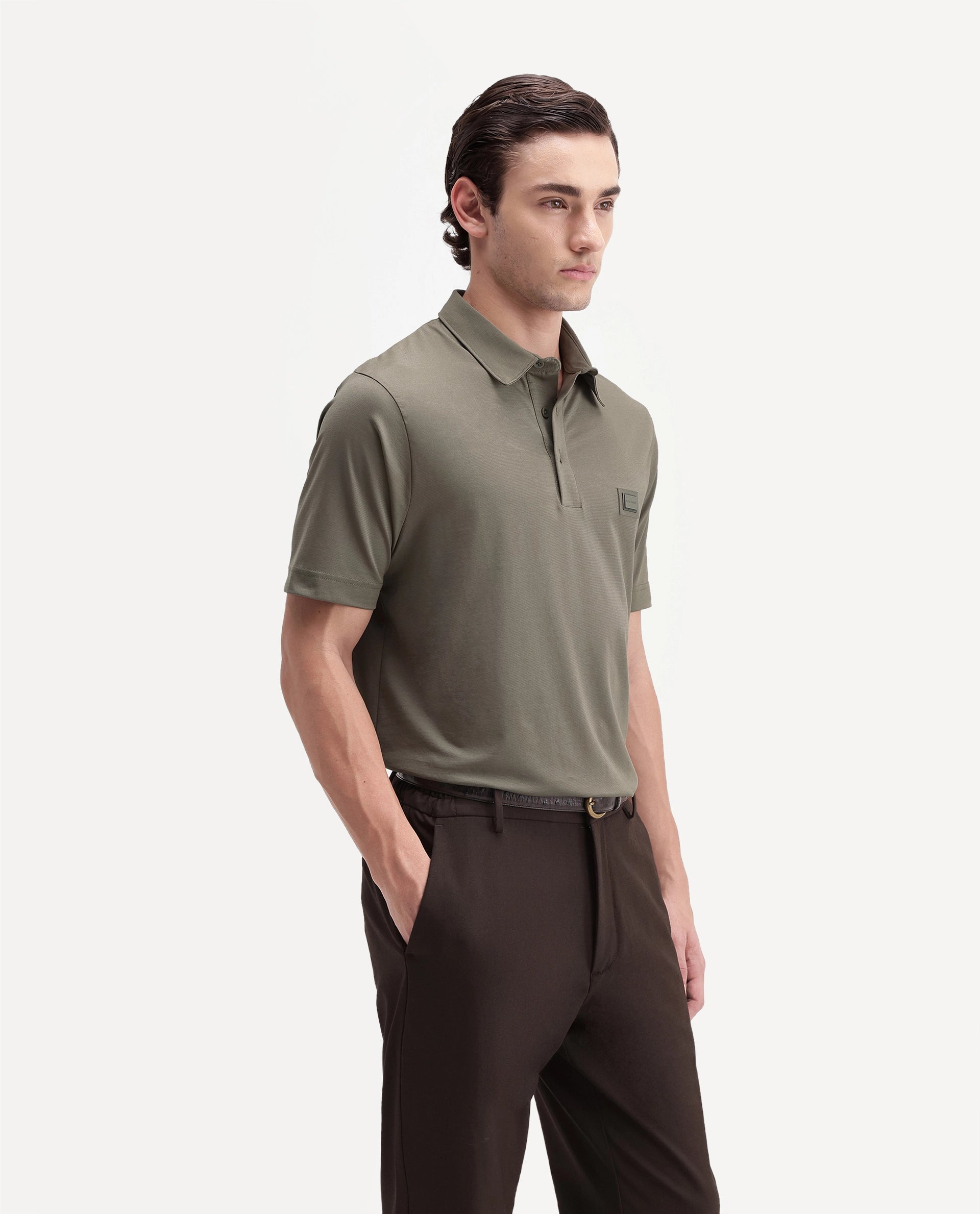 Rare Rabbit Men's Badger-S26 Dusky Olive Cotton Blend Fabric Half Sleeve Spread Collar Regular Fit Plain Polo