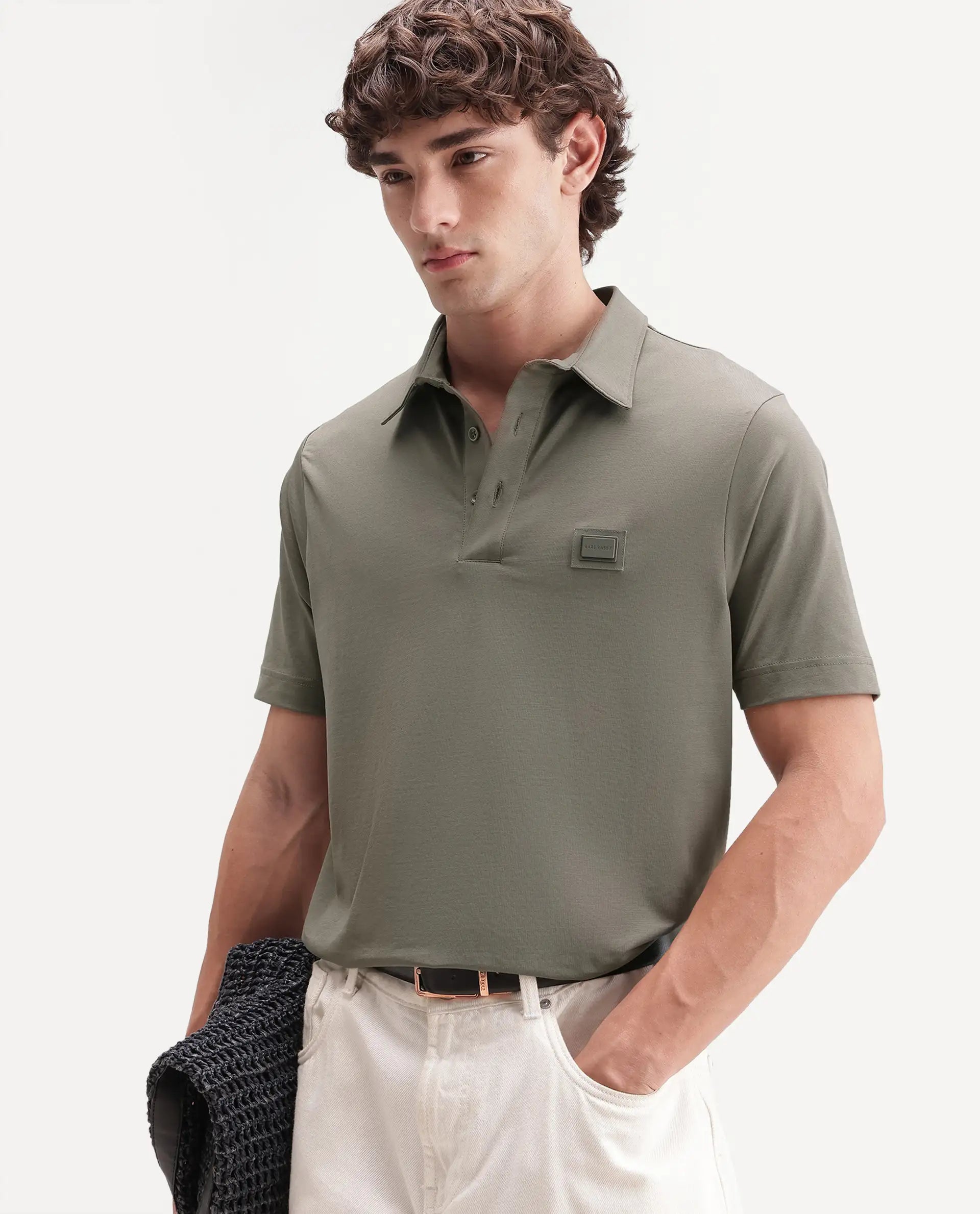 Rare Rabbit Men's Badger-S26 Dusky Olive Cotton Blend Fabric Half Sleeve Spread Collar Regular Fit Plain Polo