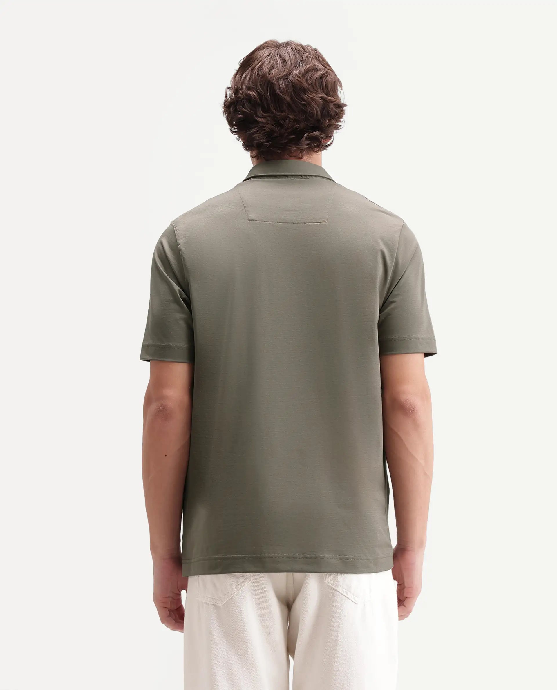 Rare Rabbit Men's Badger-S26 Dusky Olive Cotton Blend Fabric Half Sleeve Spread Collar Regular Fit Plain Polo