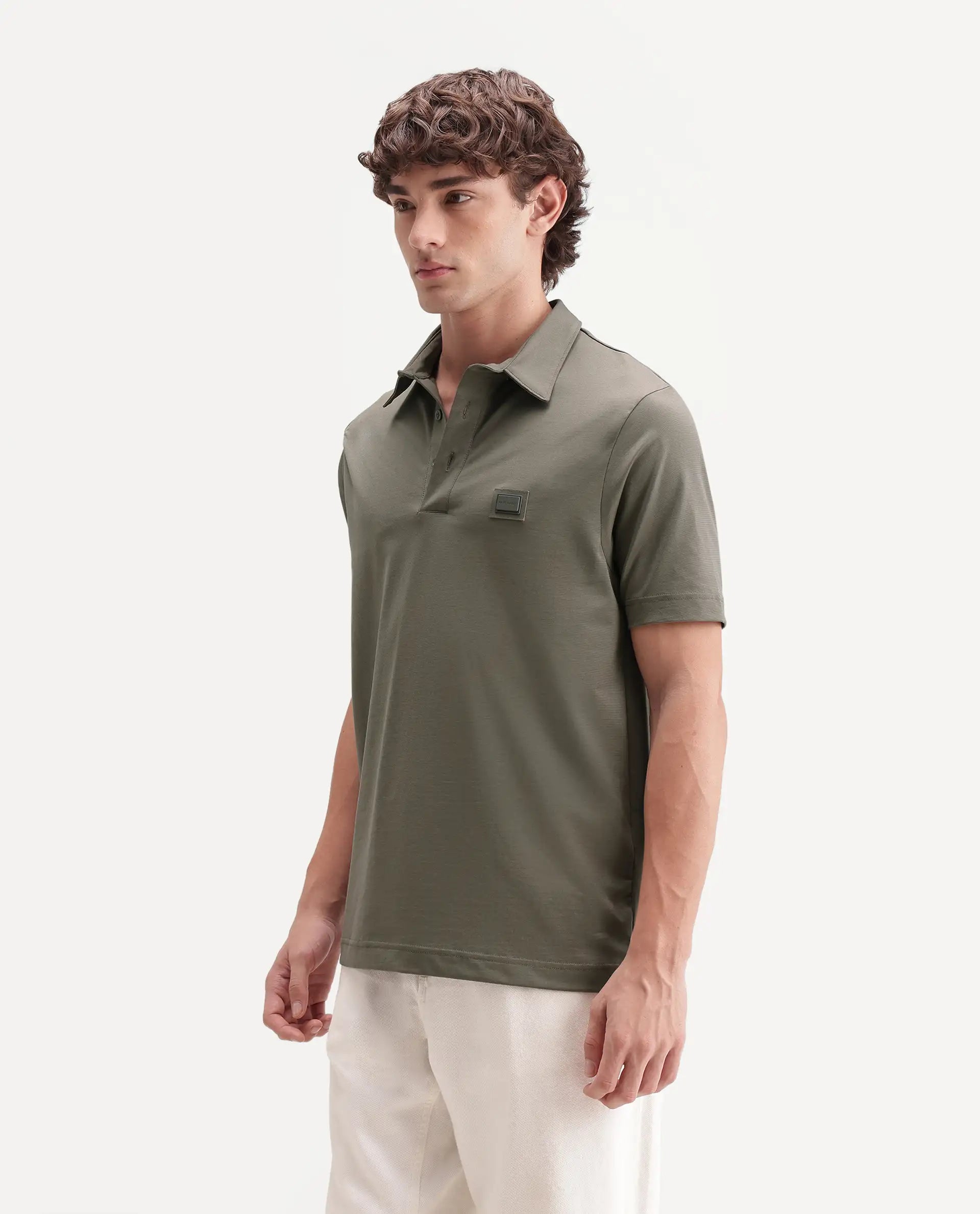 Rare Rabbit Men's Badger-S26 Dusky Olive Cotton Blend Fabric Half Sleeve Spread Collar Regular Fit Plain Polo